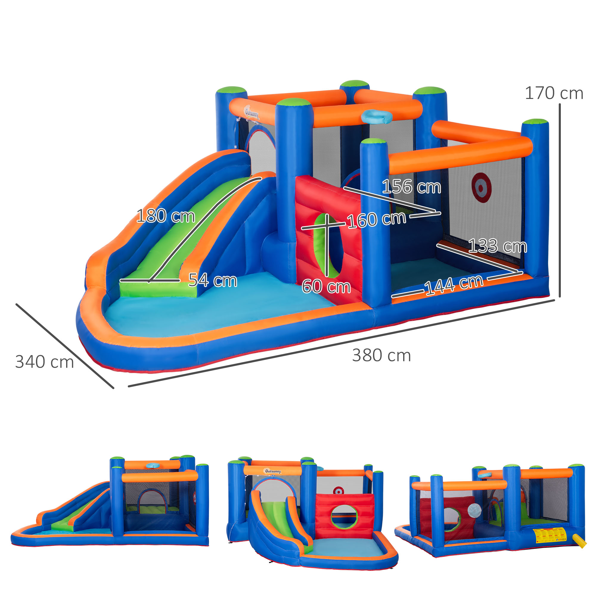 Hüpfburg, mit Rutsche, Hüpfbereich, Pool, aufblasbar, inkl. Elektropumpe, für bis 3 Kinder, 380 x 340 x 170 cm