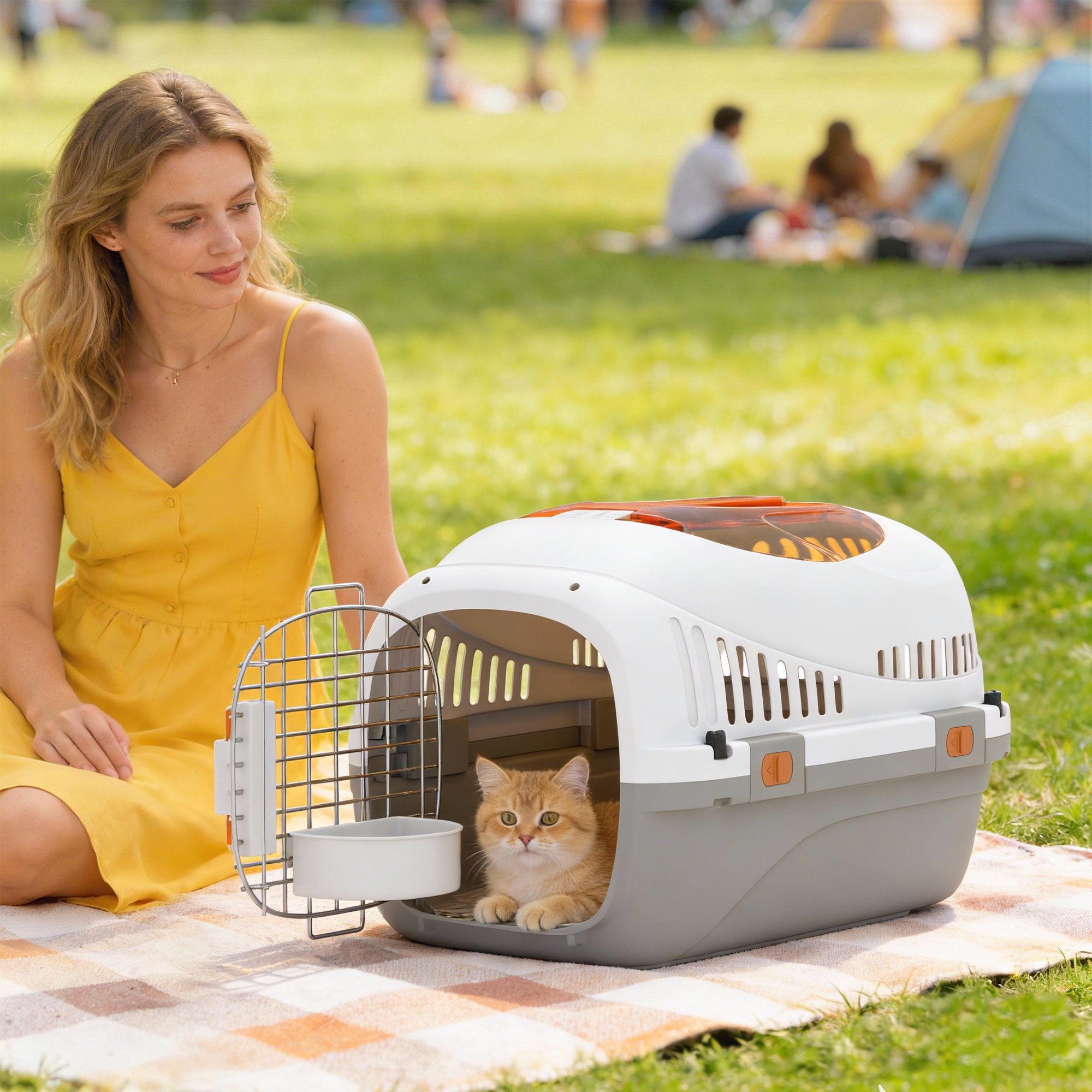 Transportbox Hundetransportbox für Katze Miniaturhunde bis 4kg Hundebox mit Dachöffnung Futternapf 49x32x31cm Hellgrau