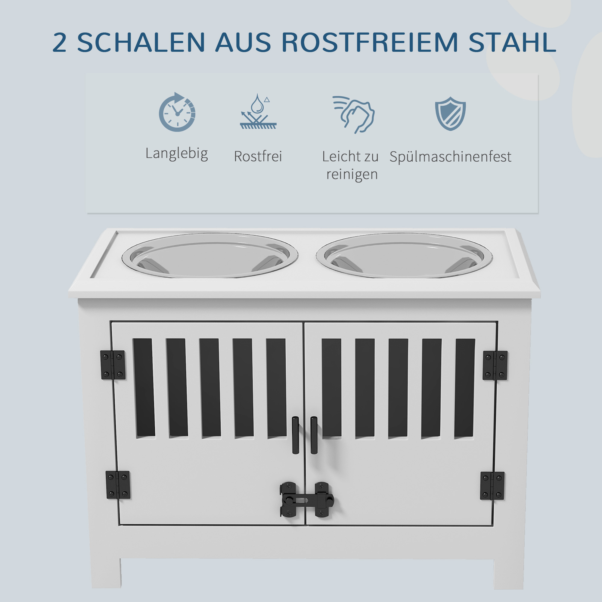 Erhöhte Futterstation für große Hunde, 2 Edelstahlnäpfe, Stauraum, 35,5x60x30 cm, Weiß