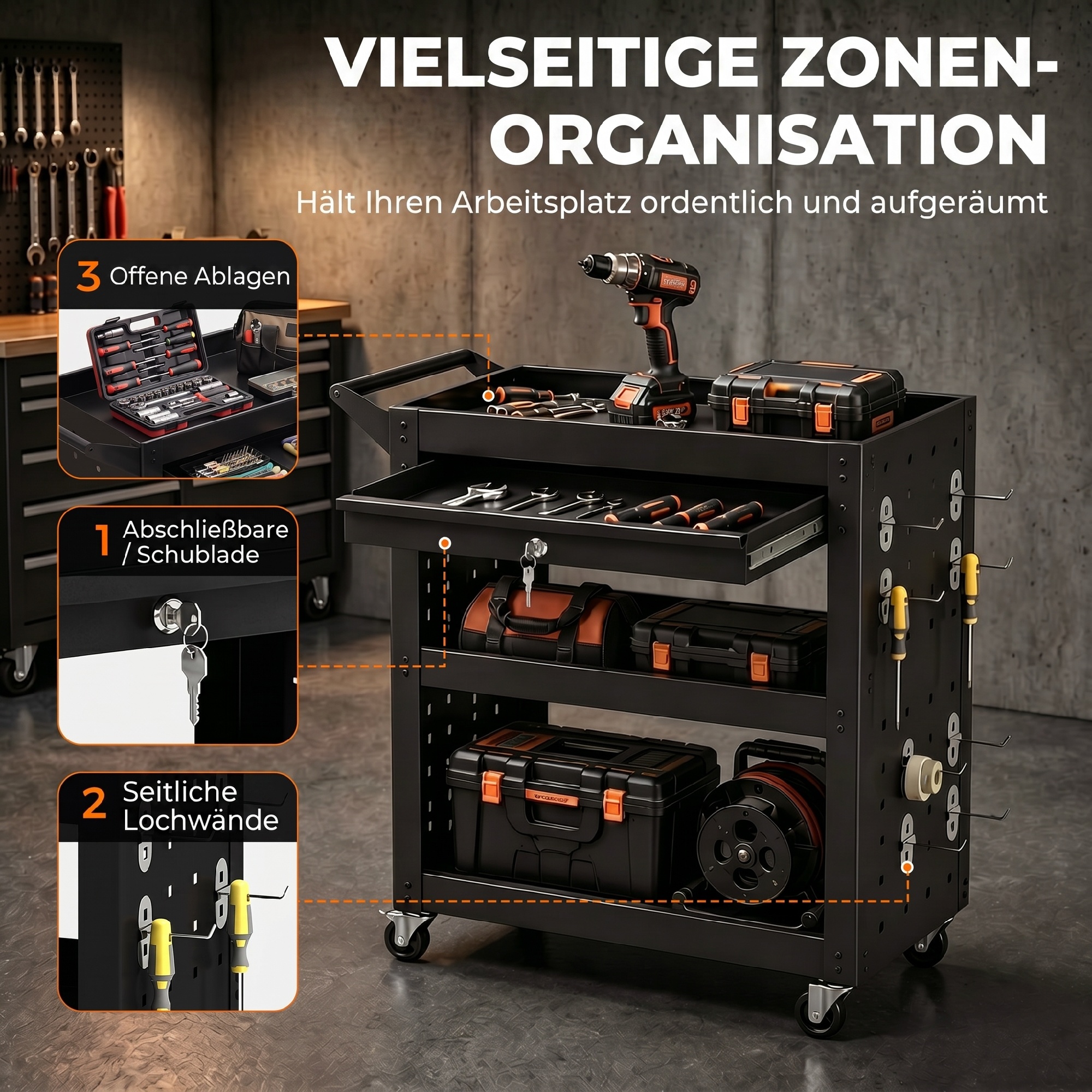 Werkzeugwagen mit abschließbaren Rollen, rollender Werkstattwagen mit 3 Ebenen, Schublade und Lochplatten, Schwarz