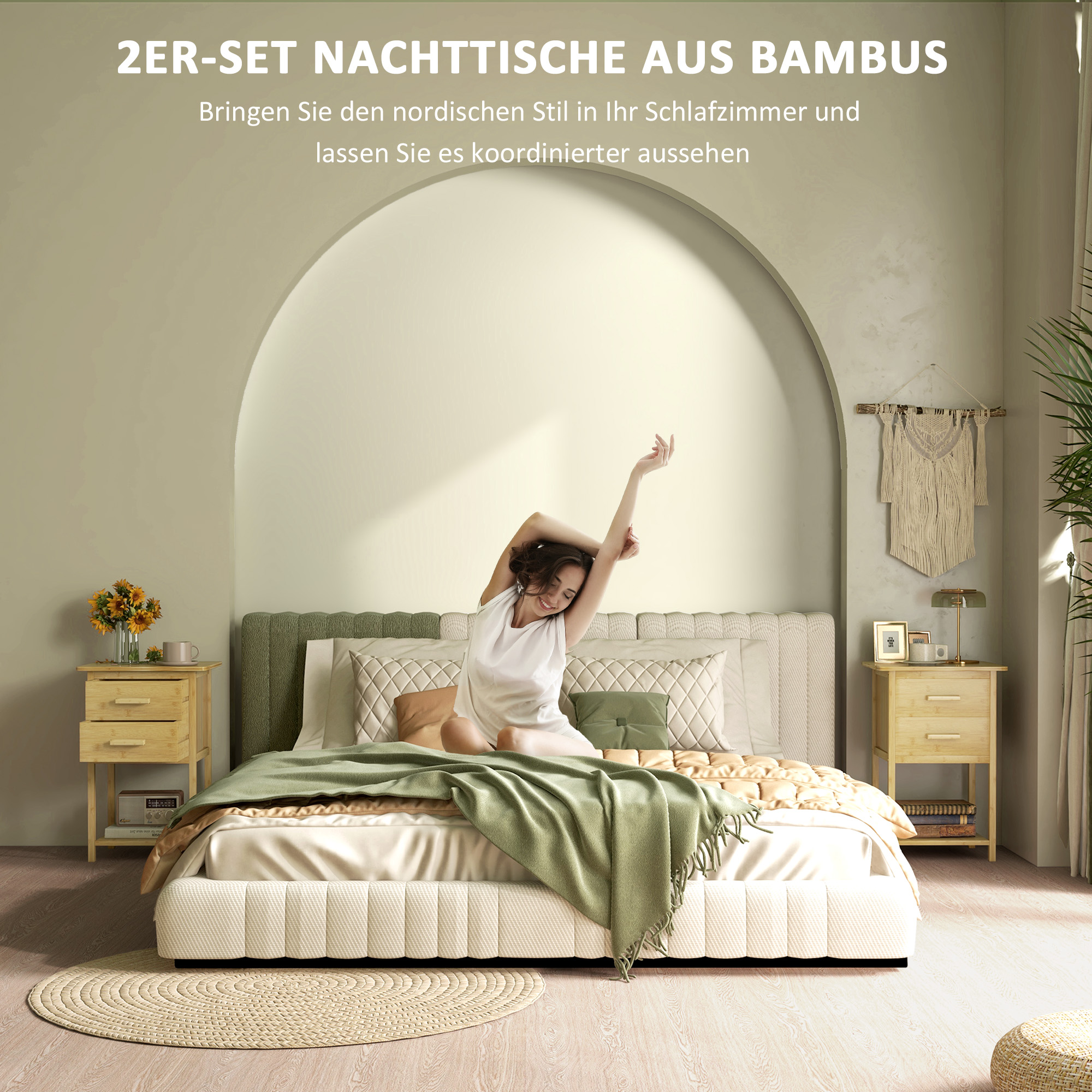 Nachtschrank, 2er-Set, Skandi-Design, Bambus, 2 Schubladen & Regal, 40x34x60cm