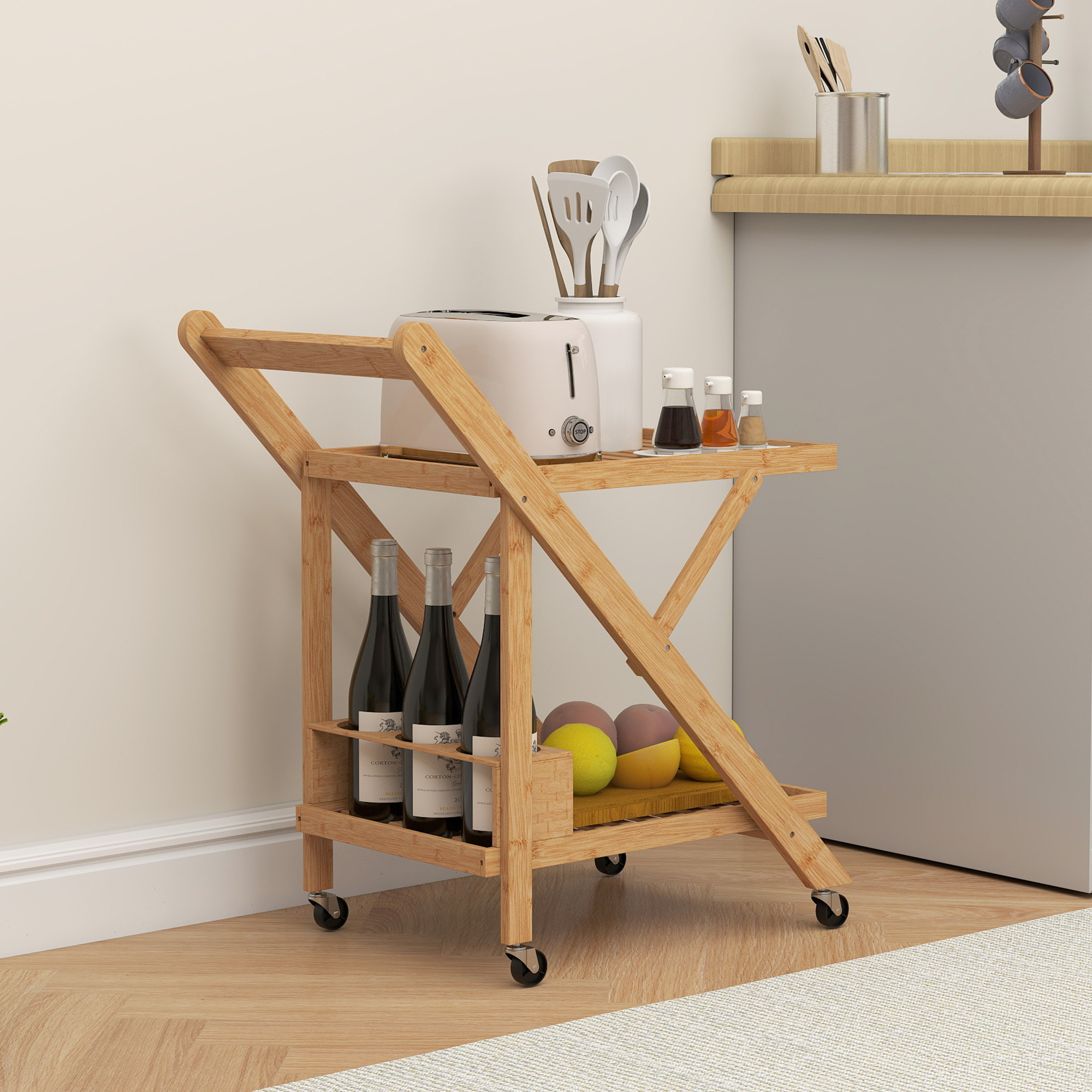 Küchenwagen auf Rädern, Servierwagen mit 3 Weinregalen, 2 Tabletts, für Küche, Esszimmer, Bambusholz, Hellbraun