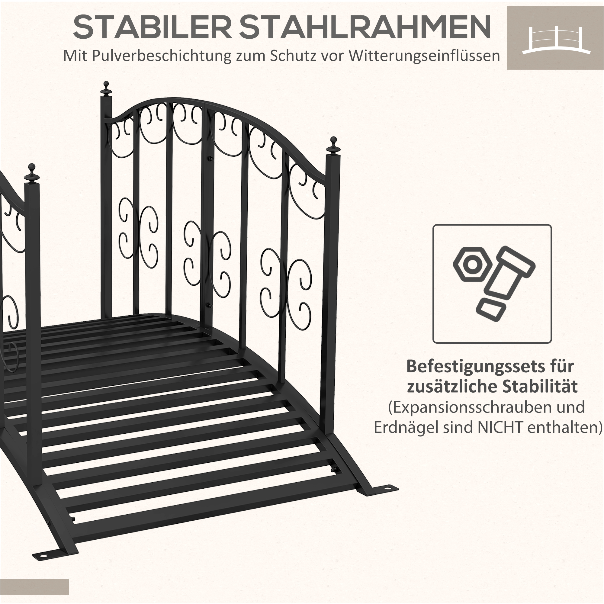 Vintage-Stil Metall-Gartenbrücke, Dekoration für Garten und Teich, 119x67x70 cm, Schwarz