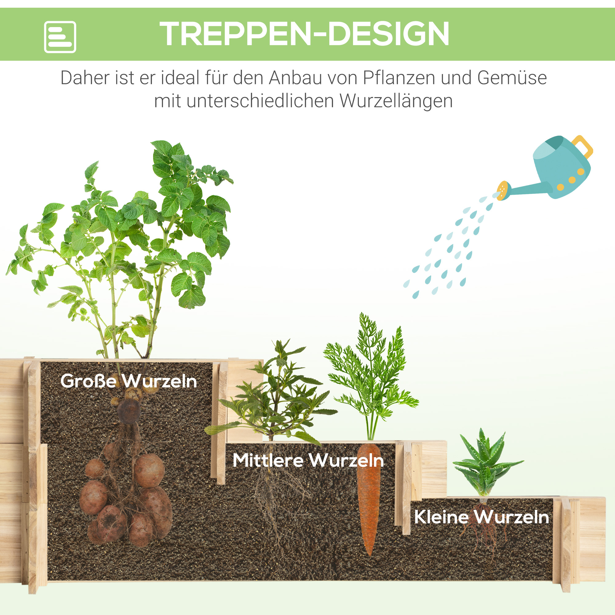 Hochbeet, Blumenkasten, 3-stufig, Drainageöffnung, Stoffauskleidung, Naturholz, 93 x 93 x 35 cm