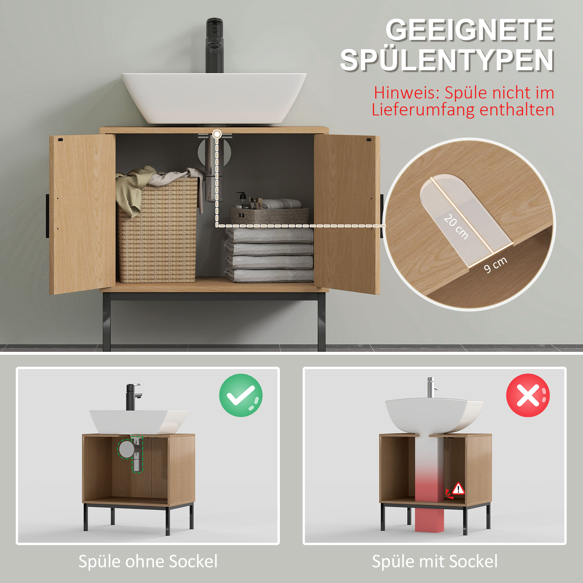 Badezimmerunterschrank, im Boho-Design, Badezimmerschrank, Rattan-Elemente, mit U-Ausschnitt, Eiche