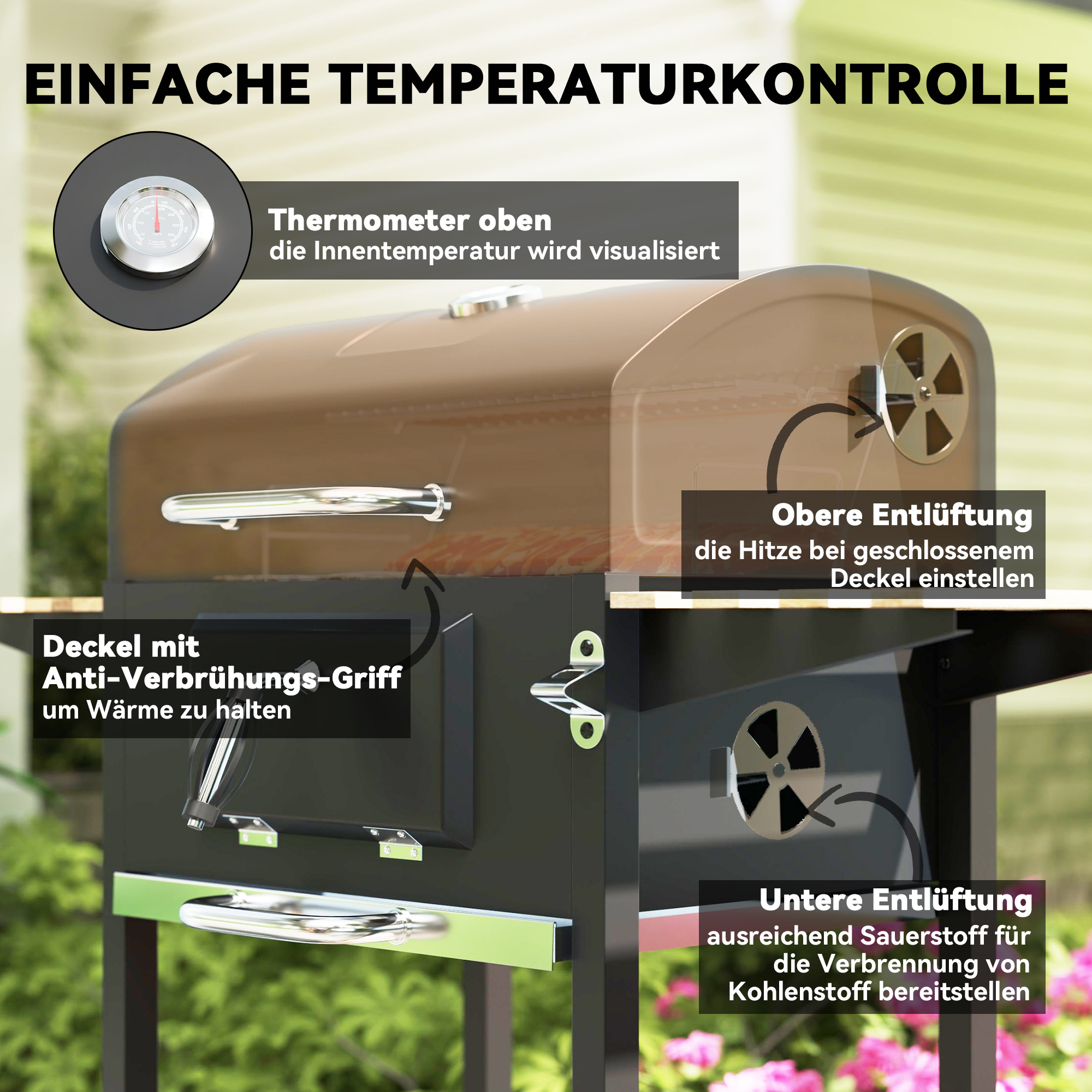 Holzkohlegrill, höhenverstellbare Kohlenpfanne, Grillwagen, Regale, Thermometer, Flaschenöffner, Stahl, Holz, Schwarz