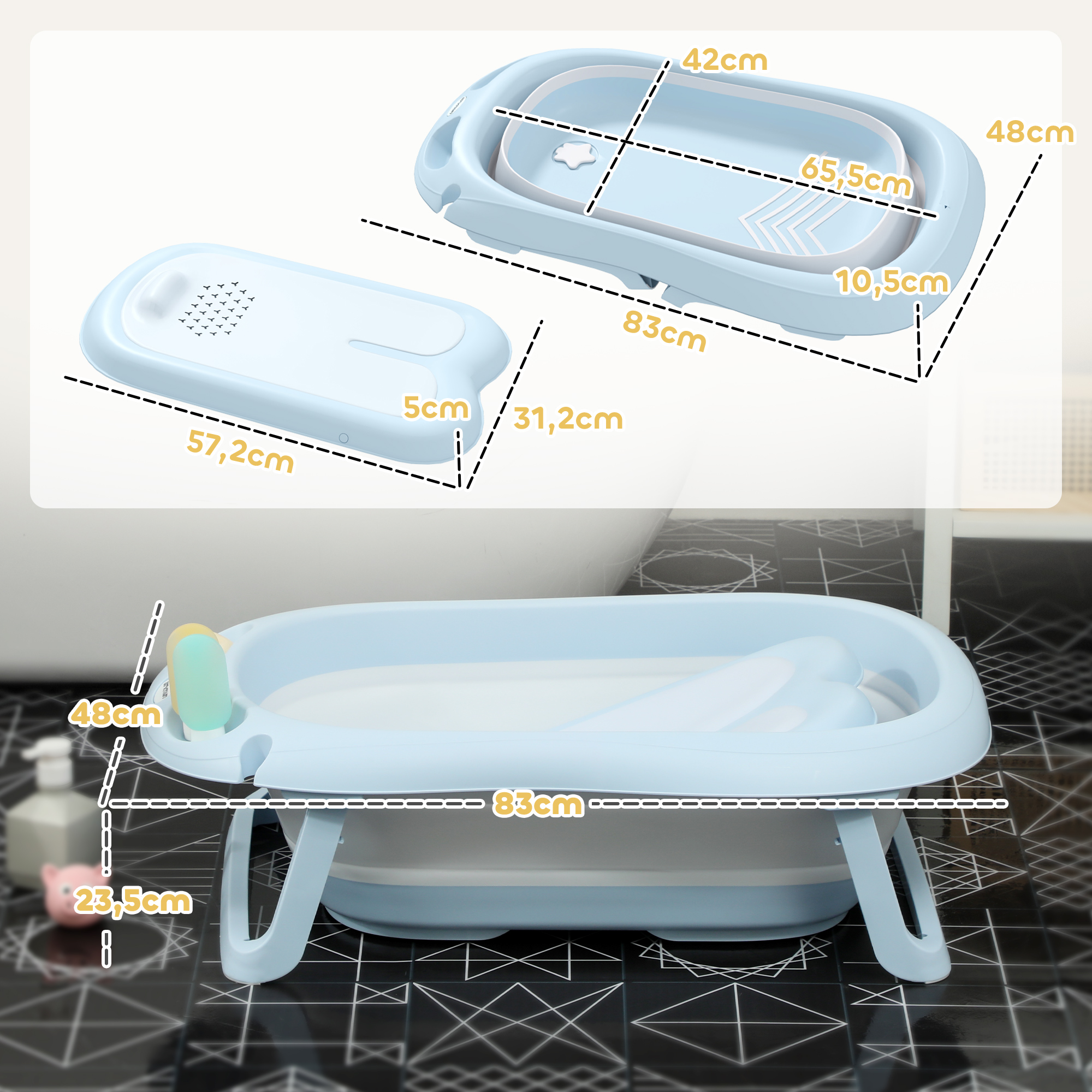 Babybadewanne, faltbar, rutschfester Boden, sichere Materialien, 83L x 48B x 23,5H cm, Hellblau