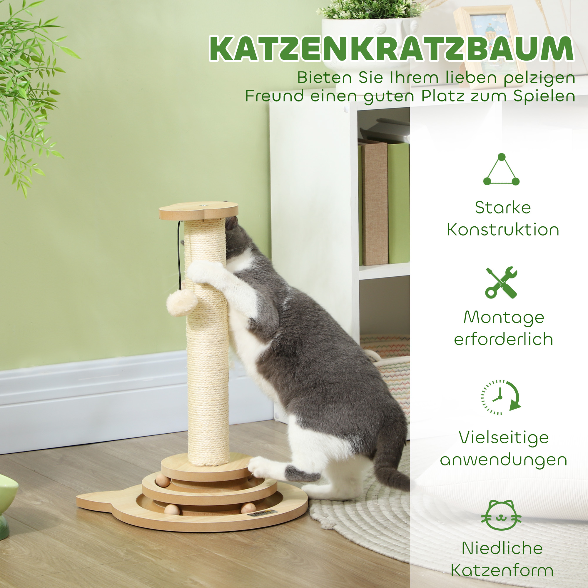 Katzen-Kratzbaum, 49 cm, Sisal-Kratzpfosten, Kugelbahn, Spielball, Spielfeder, 4-in-1-Design, Eiche, Weiß