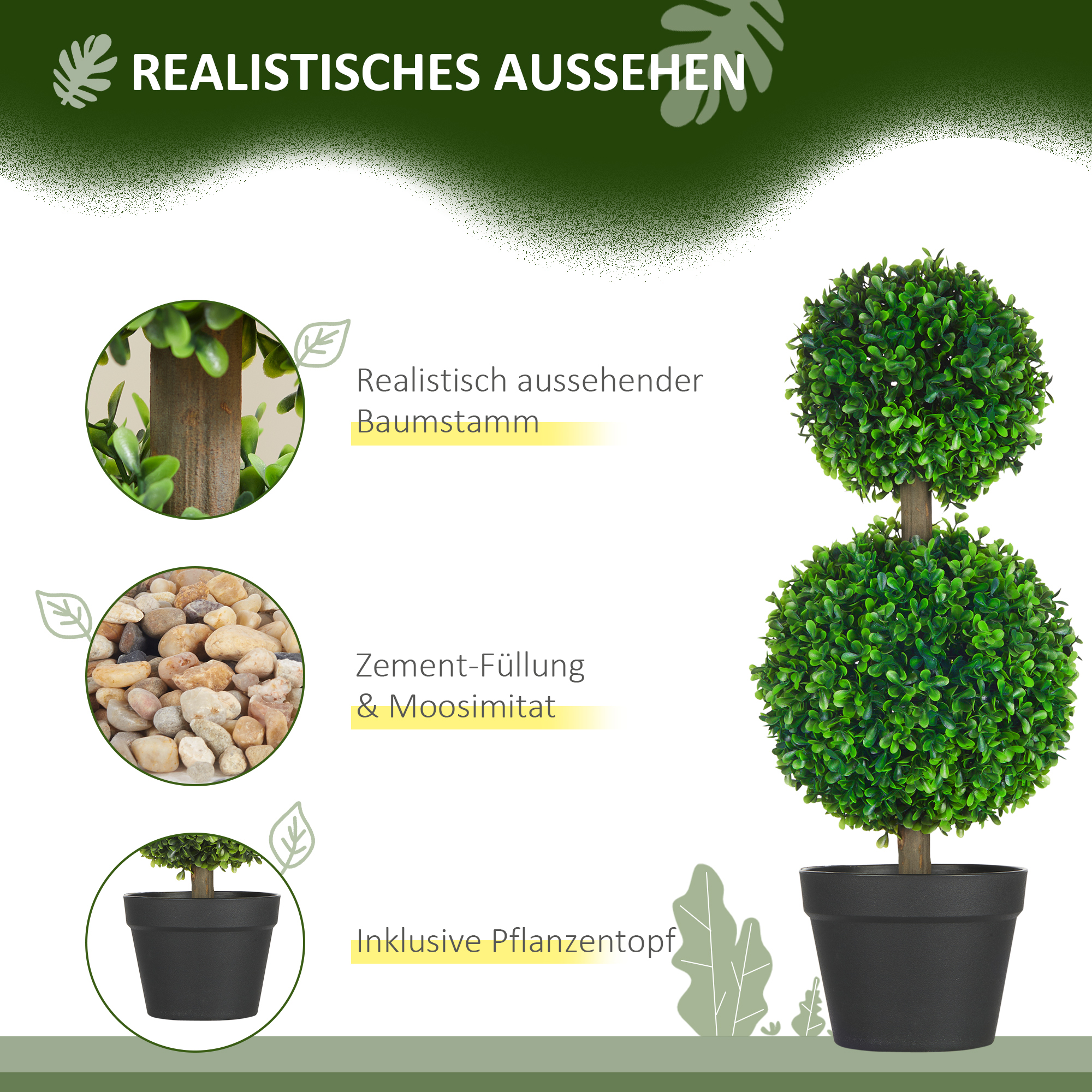 2er-Set künstlicher Buchsbaum, 2 Buchsbäume, Outdoor, 17 cm x 17 cm x 60 cm, Grün + Braun+ Schwarz