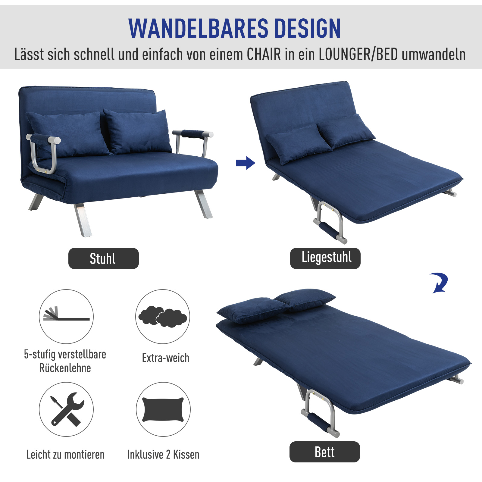 Schlafsofa, 5-fach verstellbar, Wildlederimitat, Metallrahmen, inkl. Kissen, Marineblau