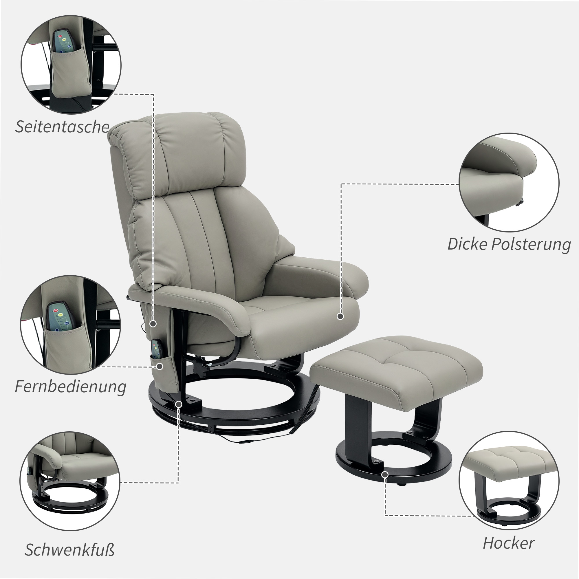 Relaxsessel Massagefunktion Fernsehsessel mit Seitentasche, Kunstleder, Grau