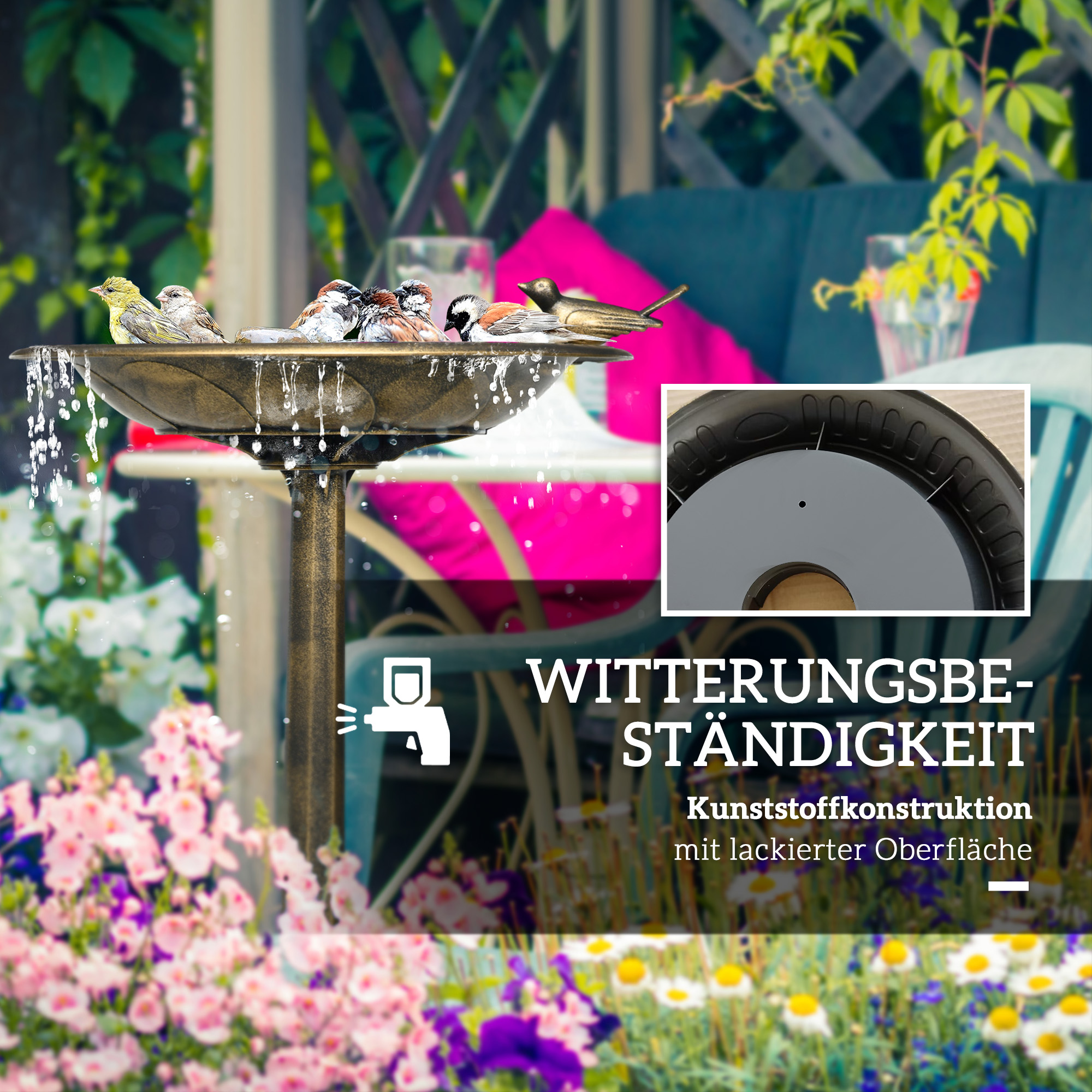 Vogeltränke, Vogelbad mit Statue, Blumenmuster, 2 Becken, Kunststoff, antiker Look, 50B x 72H cm, Bronzefarben