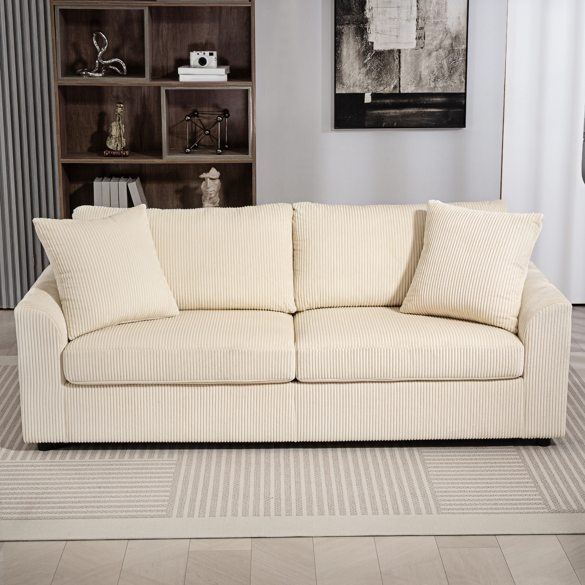 3-Sitzer-Sofa mit Zierkissen, Cordsofa für Wohnzimmer, Schlafzimmer, 212 cm breit, Cremeweiß