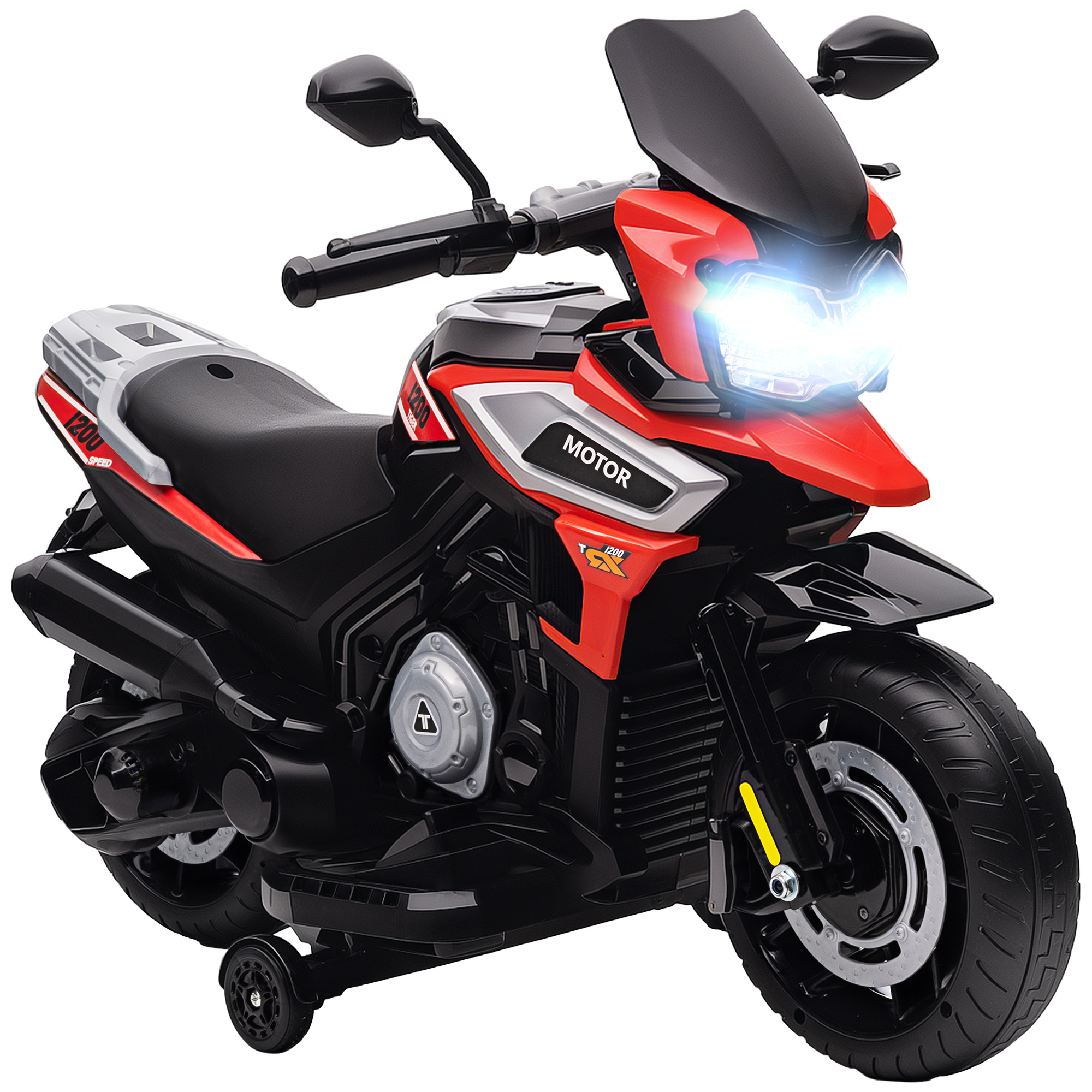 Elektro-Motorrad für Kinder von 18-36 Monaten, Aufsitz-Fahrzeug, Hilfsräder, Lichter, Musik, Kunststoff, Stahl, Rot