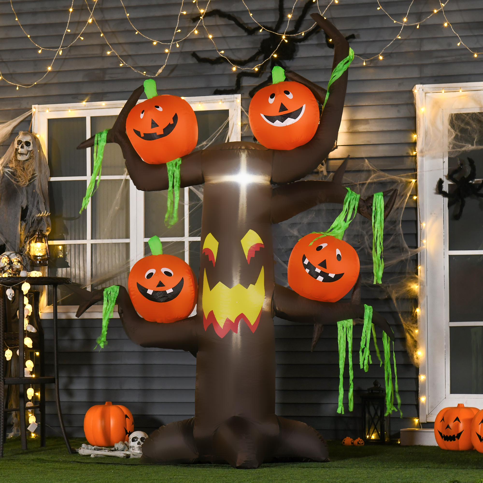 Aufblasbarer Spukbaum Kürbis Halloween Deko Figur Luftfigur mit LED Beleuchtung, Polyester, 180x80x240cm