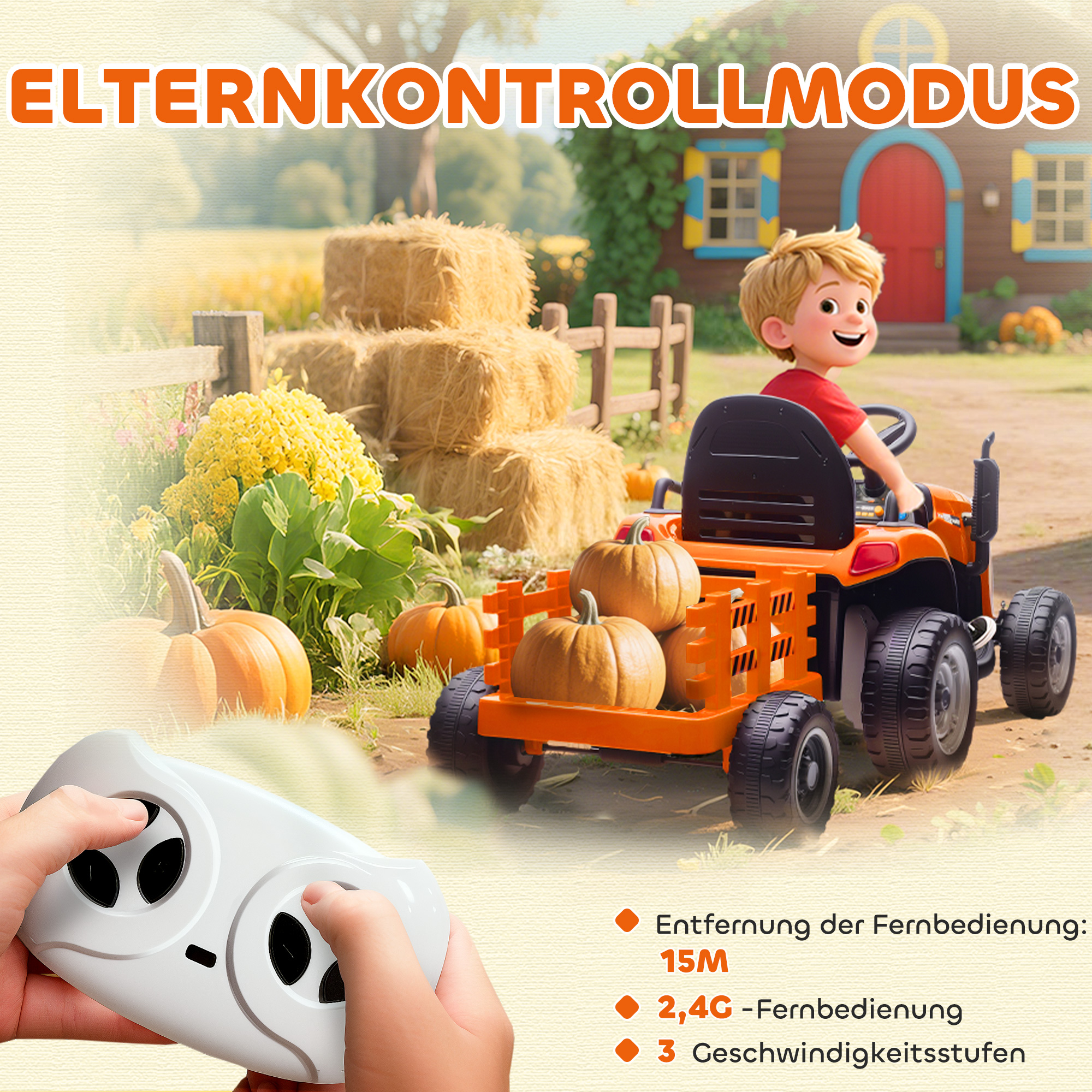Kinderfahrzeug, Aufsitz-Traktor mit Fernbedienung, Soft-Start, für Kinder im Alter von 3-8 Jahren, Orange