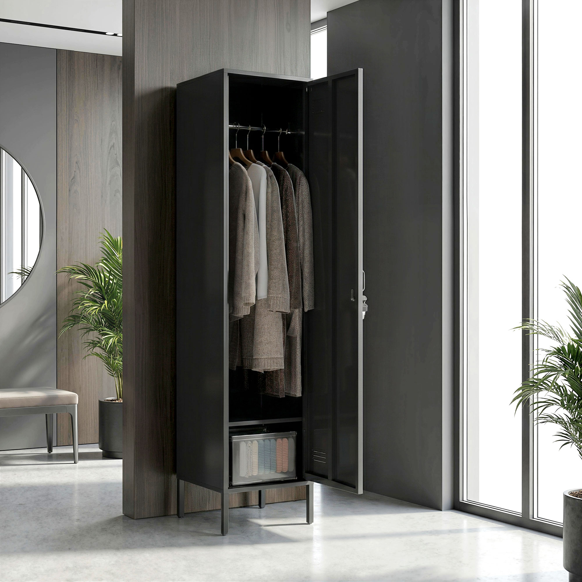 Metallspind mit abschließbarer Tür und Kleiderstange, einzelner Stahlspind für Zuhause oder Büro, Schwarz