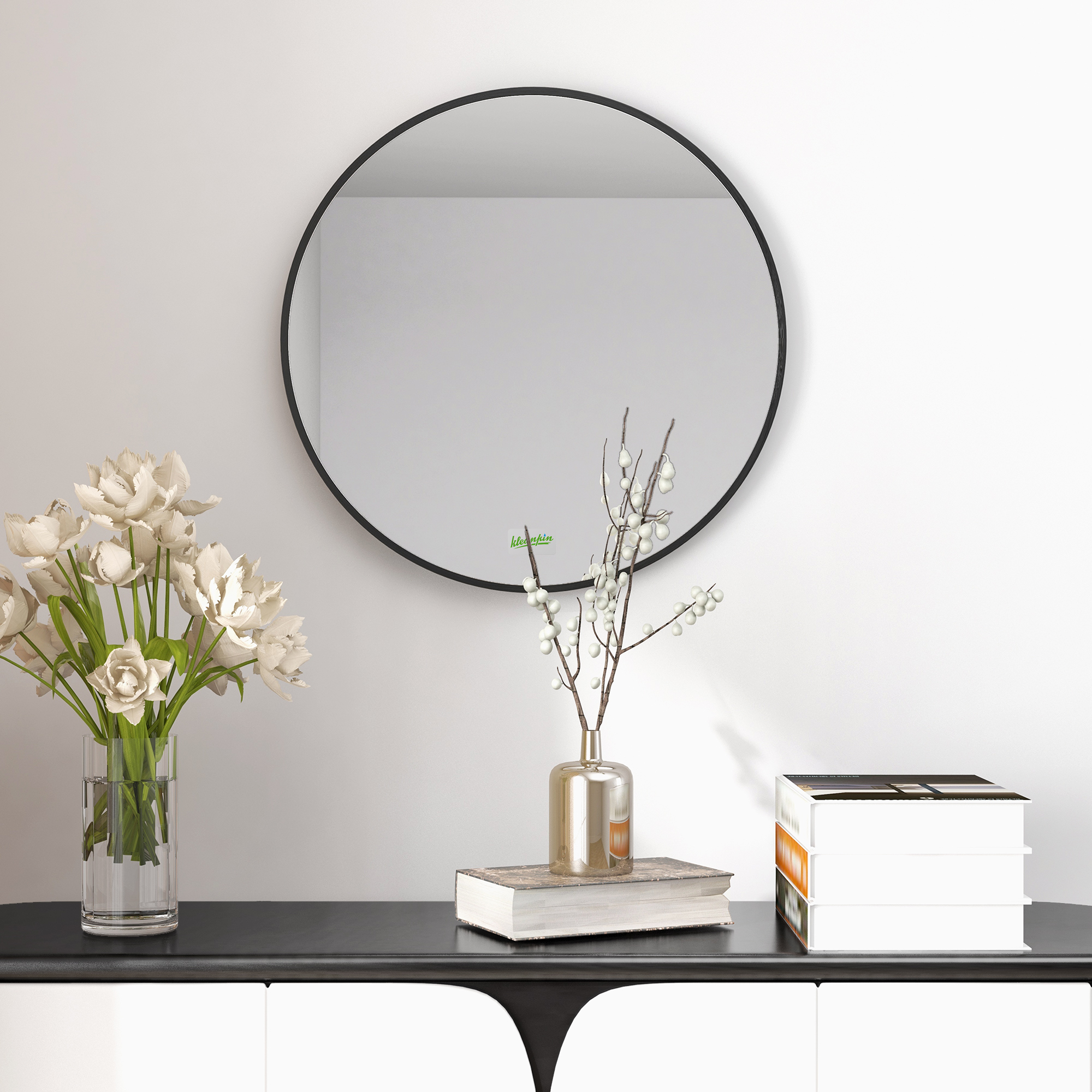 Runder Wandspiegel für Bad, Schlafzimmer, Flur, Metallrahmen, Farbe: Schwarz, Ø50