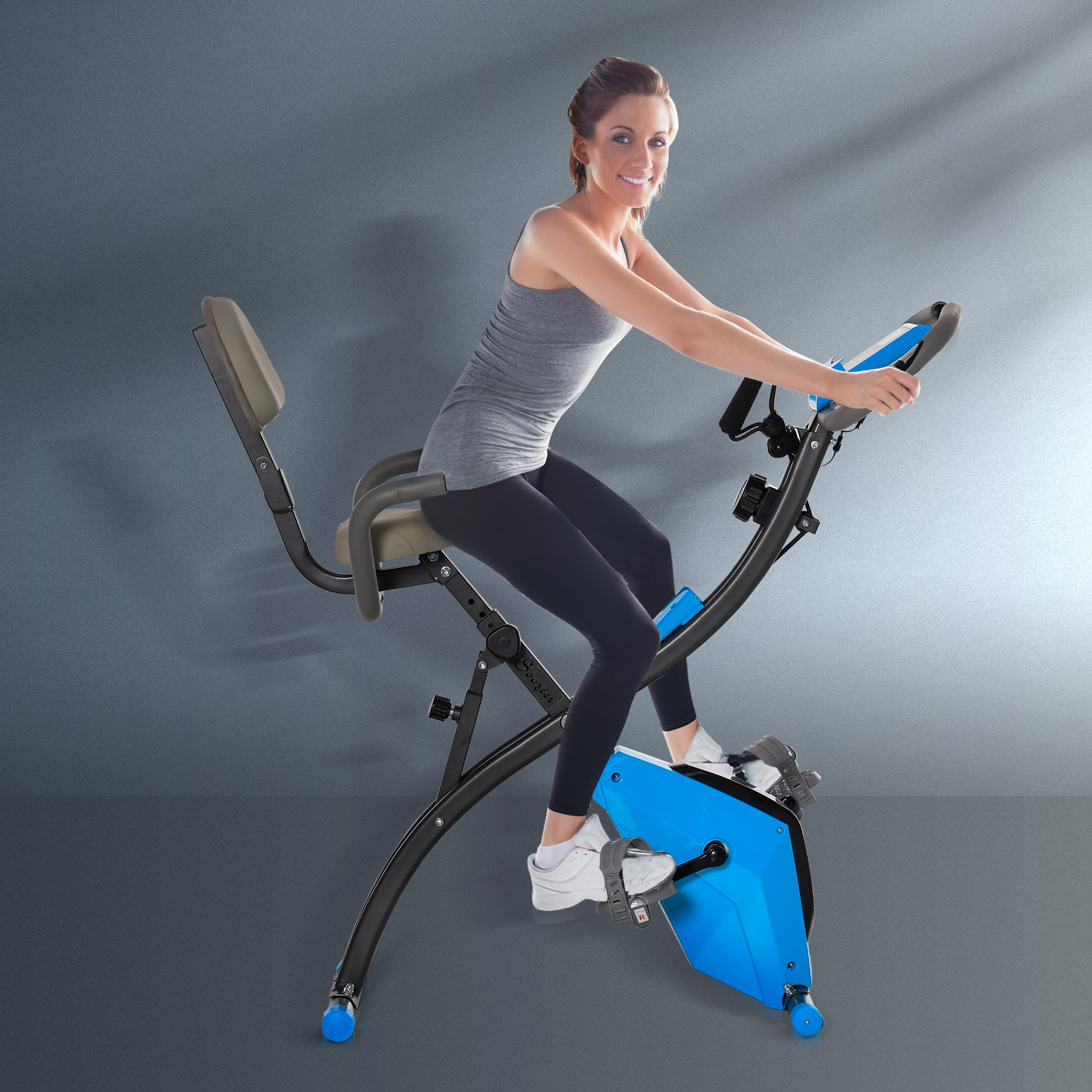 Heimtrainer X-Bike 2-in-1 Fahrradtrainer mit LCD-Display,Pulsmesser, klappbarer Hometrainer Trimmrad mit 8 stufig Magnetwiderstand, 1 Paar Spannseil, Stahl Blau 105x48x118 cm