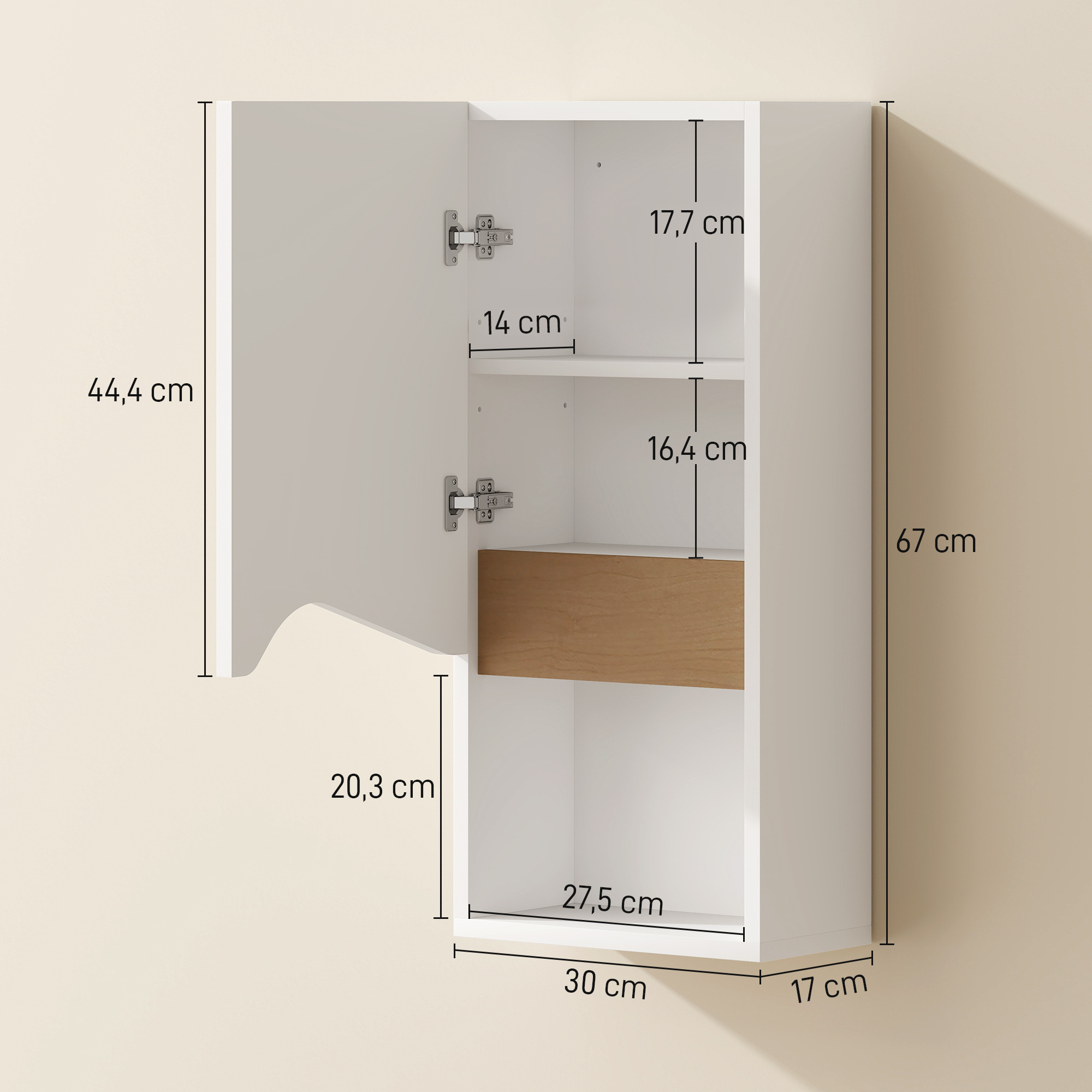 Badezimmerschrank Wandschrank mit Soft-Close-Tür und offenem Fach 30 x 17 x 67 cm Weiß