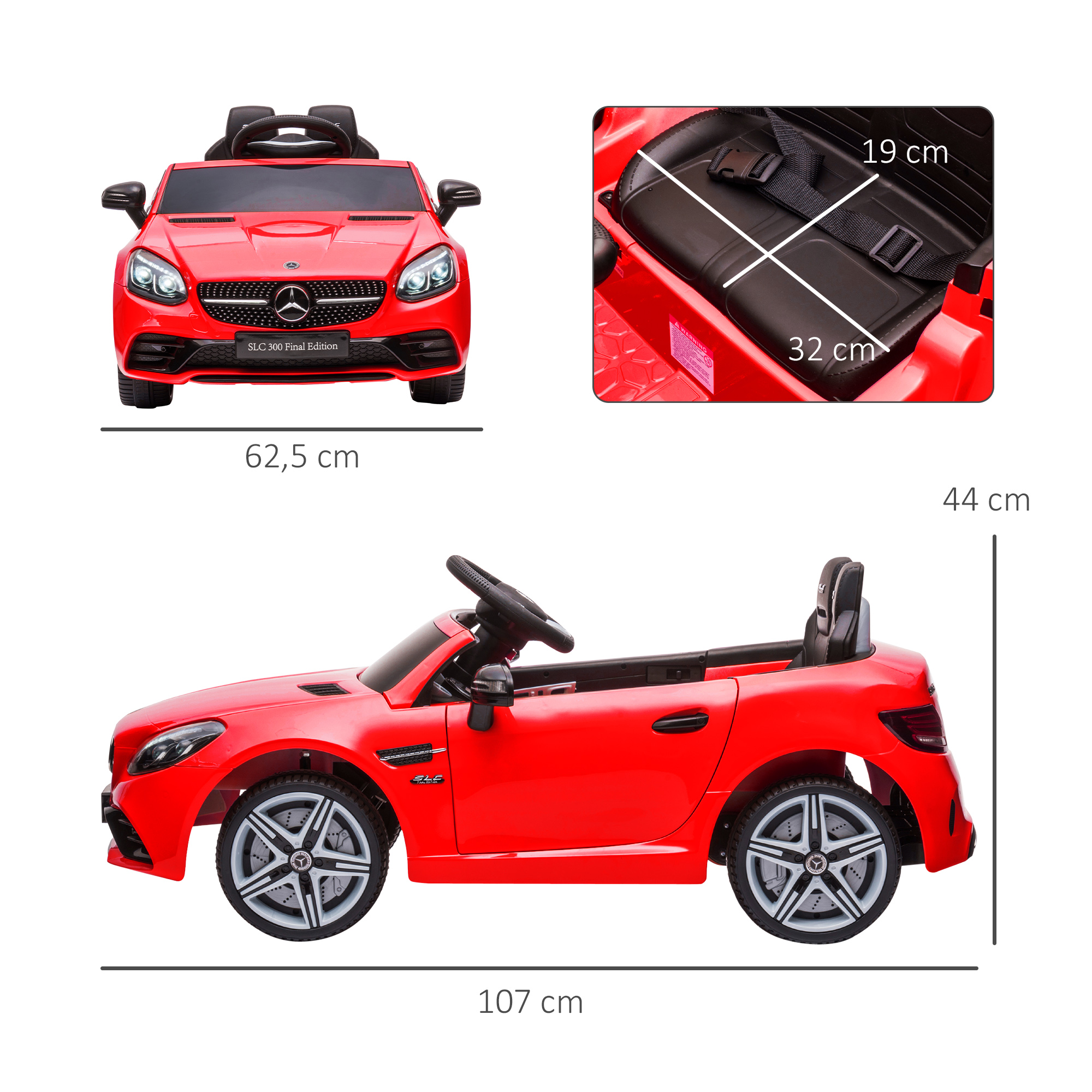 Kinder-Elektroauto mit LED-Scheinwerfern, Sicherheitsgurt, Hupe, Musik, 3-5 km/h, 3-6 Jahre, Rot