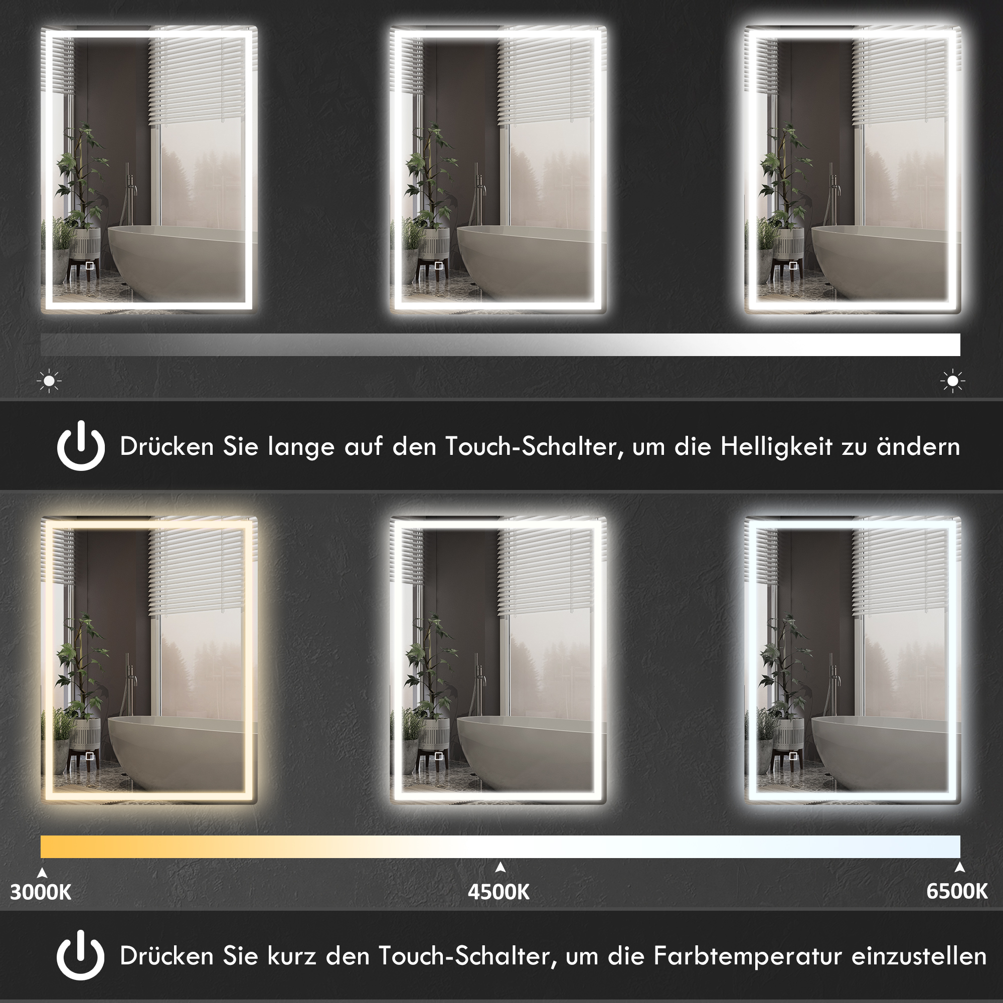 Badspiegel Badezimmerspiegel Wandspiegel LED´s, Ber, gsschalter, Antibeschlagfunktion, 60 x 80 x 4 cm, Weiß