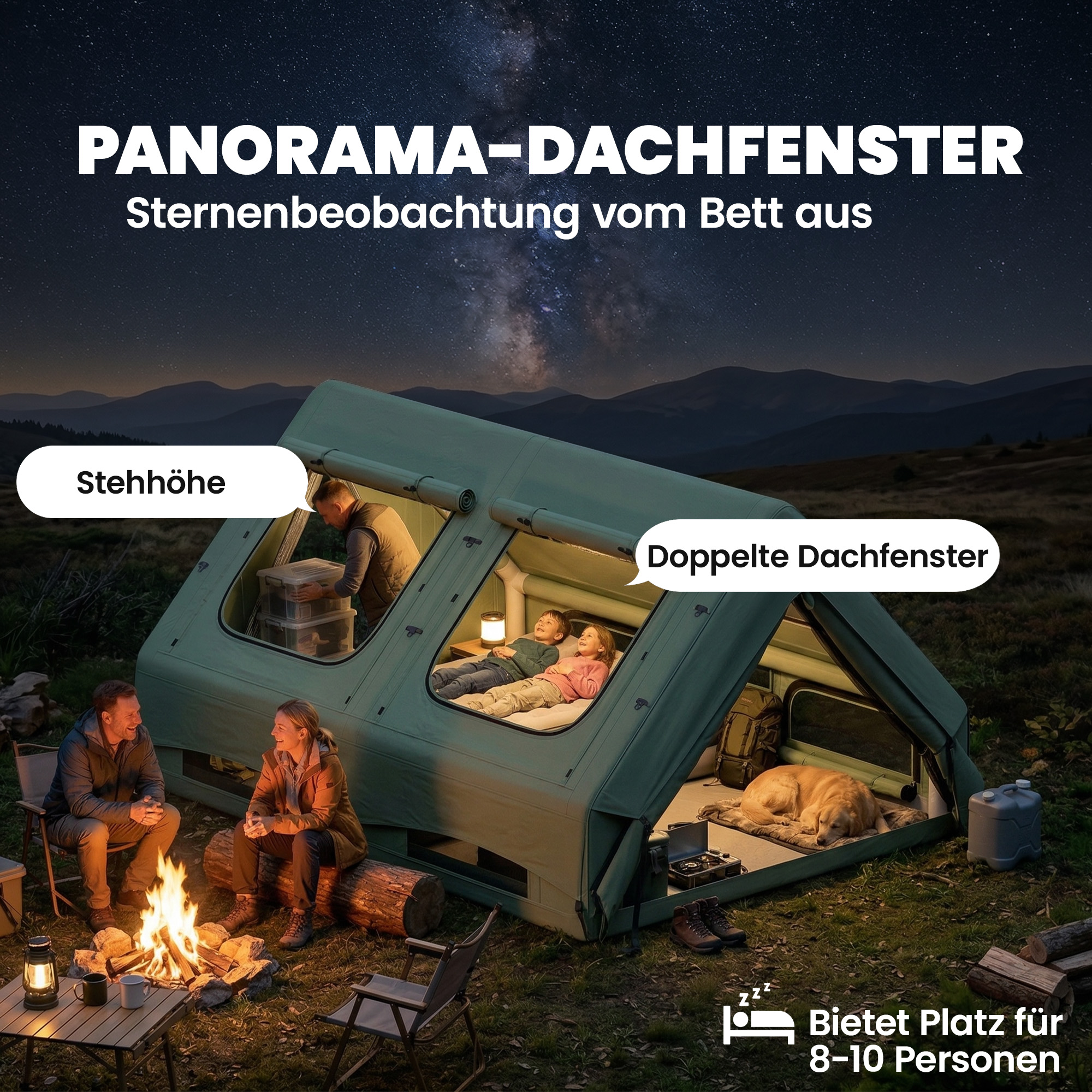 aufblasbares Zelt 8-10 Personen Schneller Aufbau 4-Jahreszeiten Wasserdicht Kratzfest Zelt mit Kaminöffnung Dachfenster