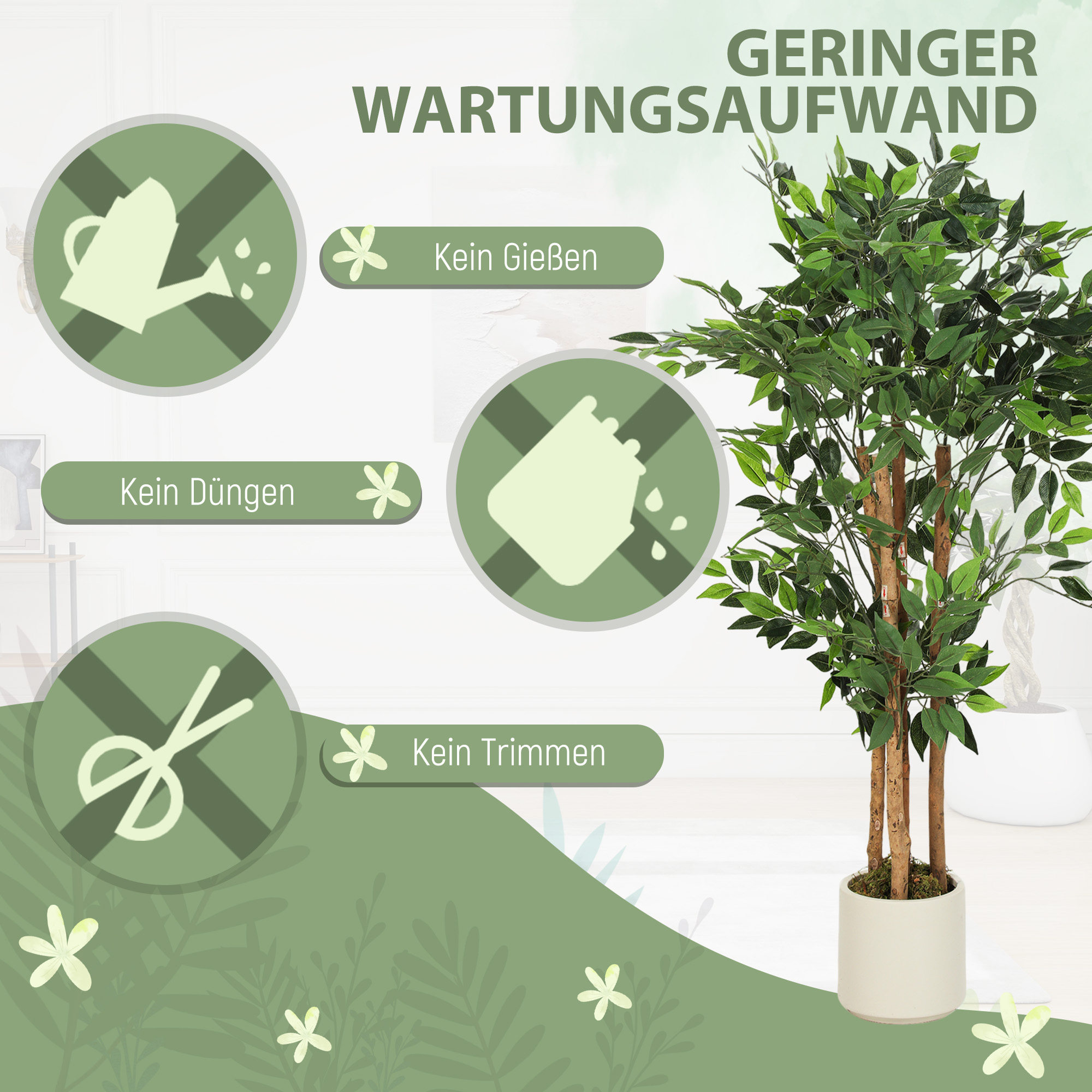 Künstlicher Banyanbaum Kunstpflanze mit Massivholzstamm, Topf, für Wohnzimmer Schlafzimmer Büro 55 x 55 x 120 cm Grün
