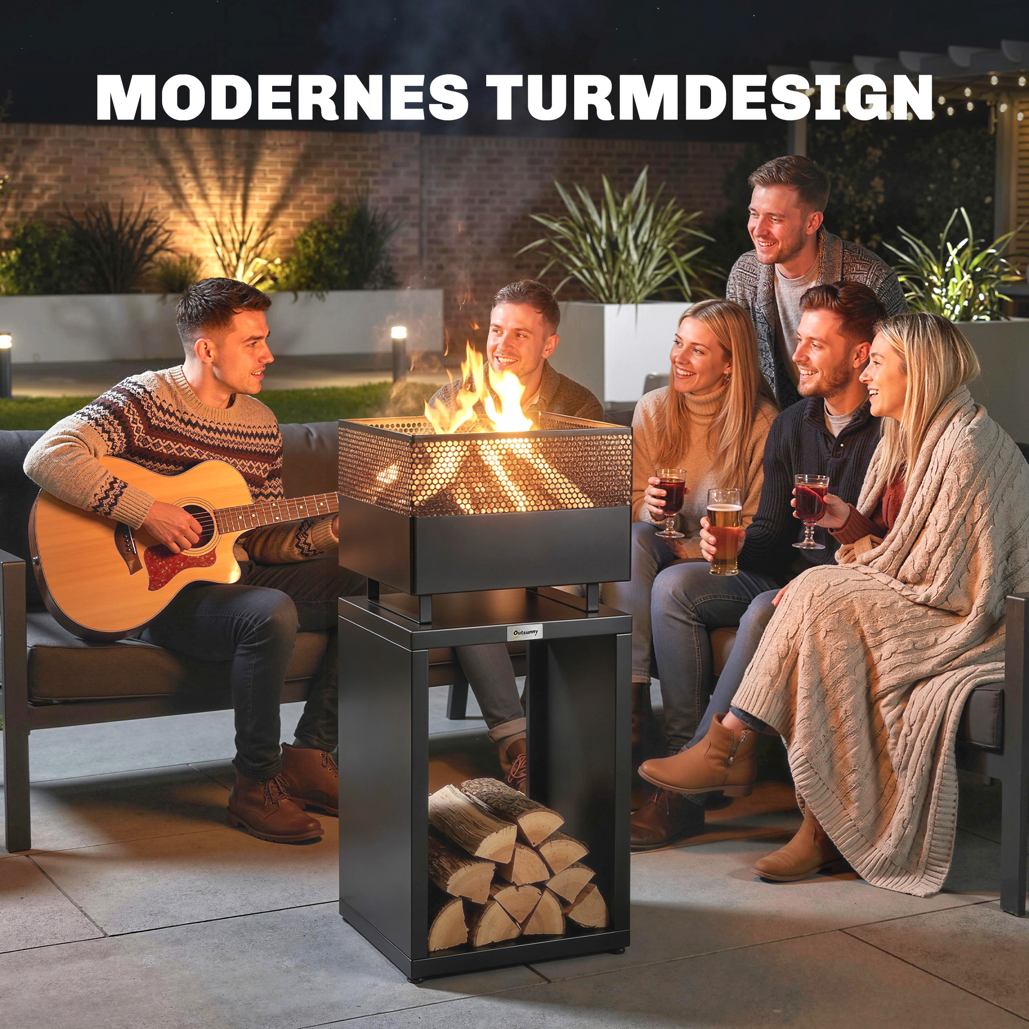 Feuerschale 39 x 39 x 87 cm Feuerstelle mit Holzlager Kohlegitter verstellbaren Füßen, Schwarz