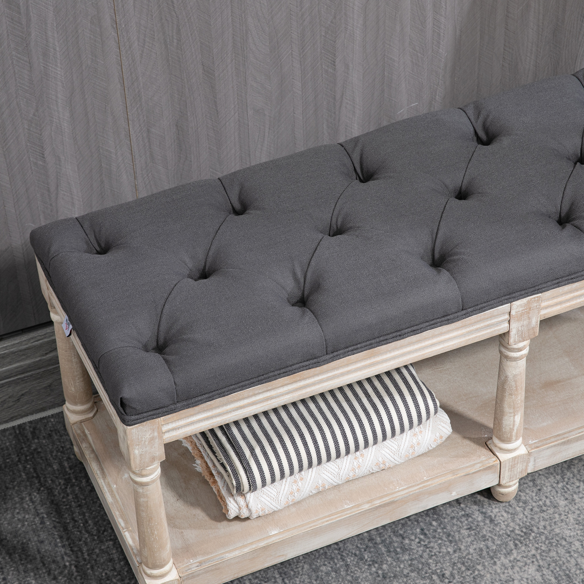 Sitzbank mit Stauraum, Vintage-Design, Knopfheftung, Kautschukbaumholz, 115x40x48cm, Grau