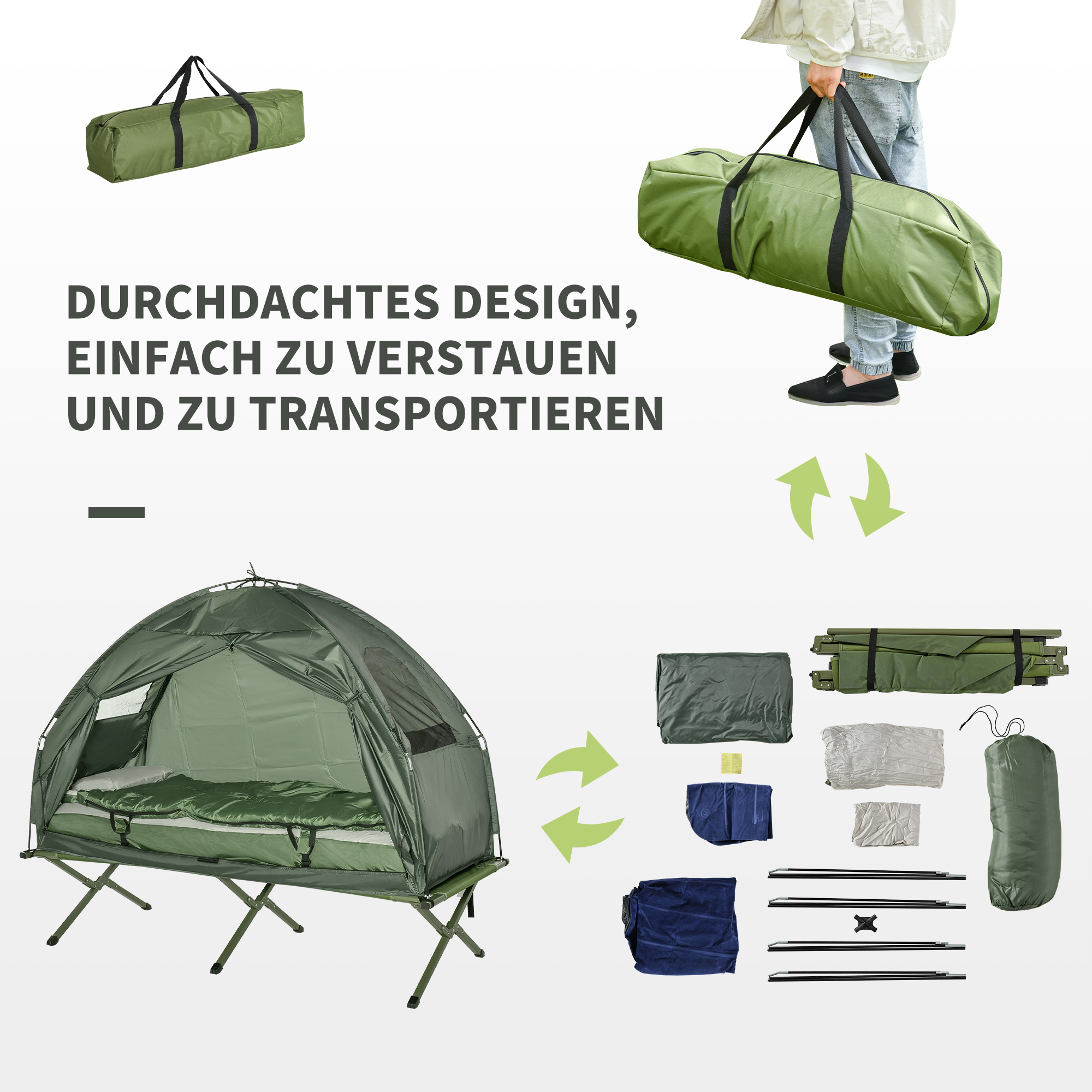 Campingzelt-Set mit Feldbett, Schlafsack und Matratze Dunkelgrün
