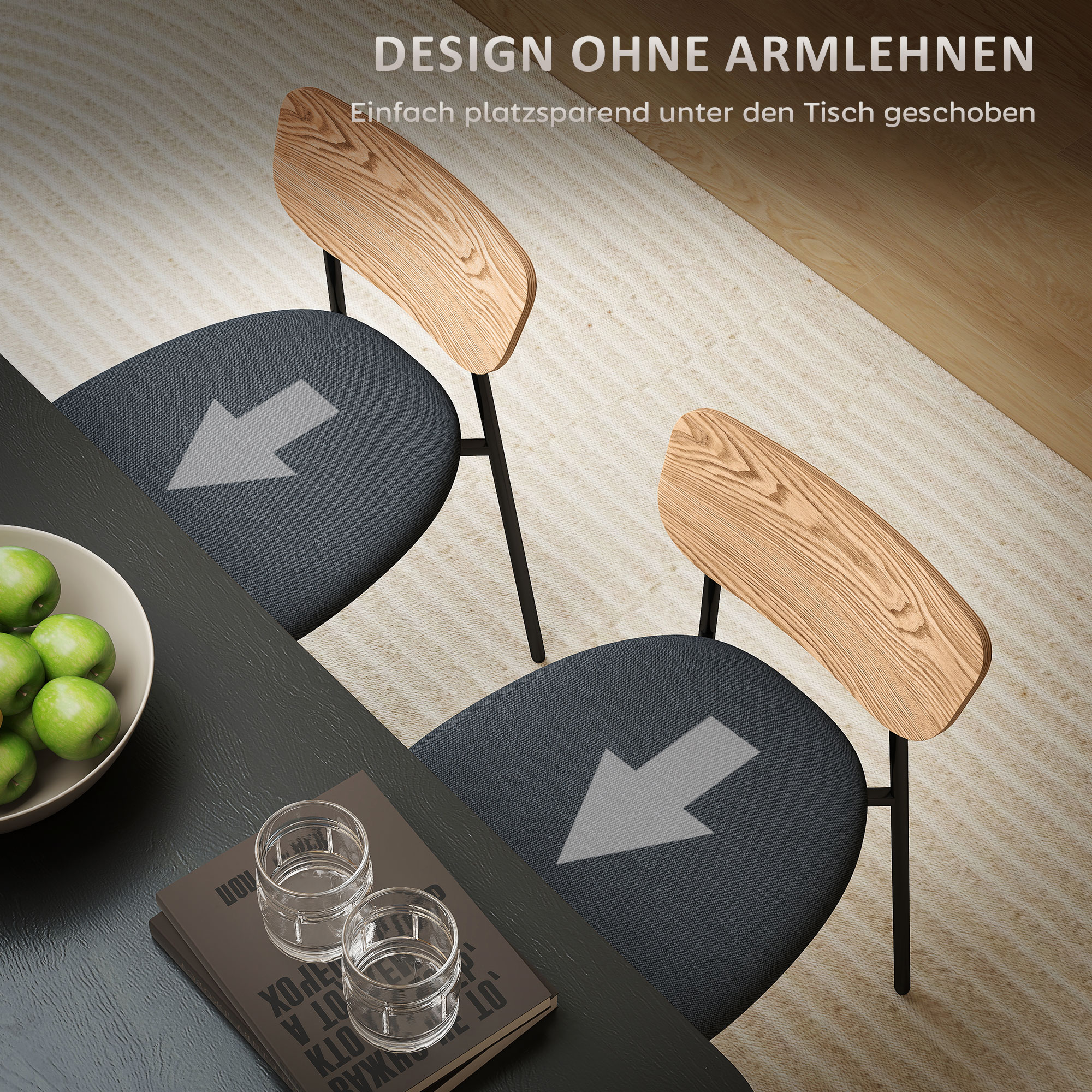2er-Set Esszimmerstühle, Leinenoptik, armloses Design, Metallbeine, Grau