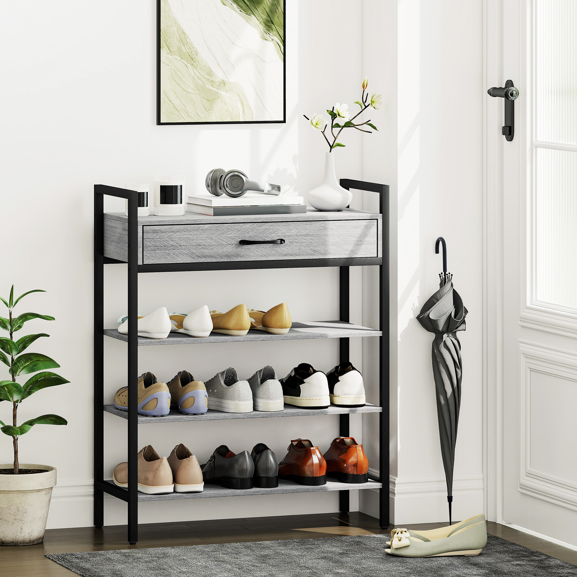 4-stufiges Schuhregal, Flurregal für bis zu 9 Paar Schuhe, Spanplatte, Metall, Grau