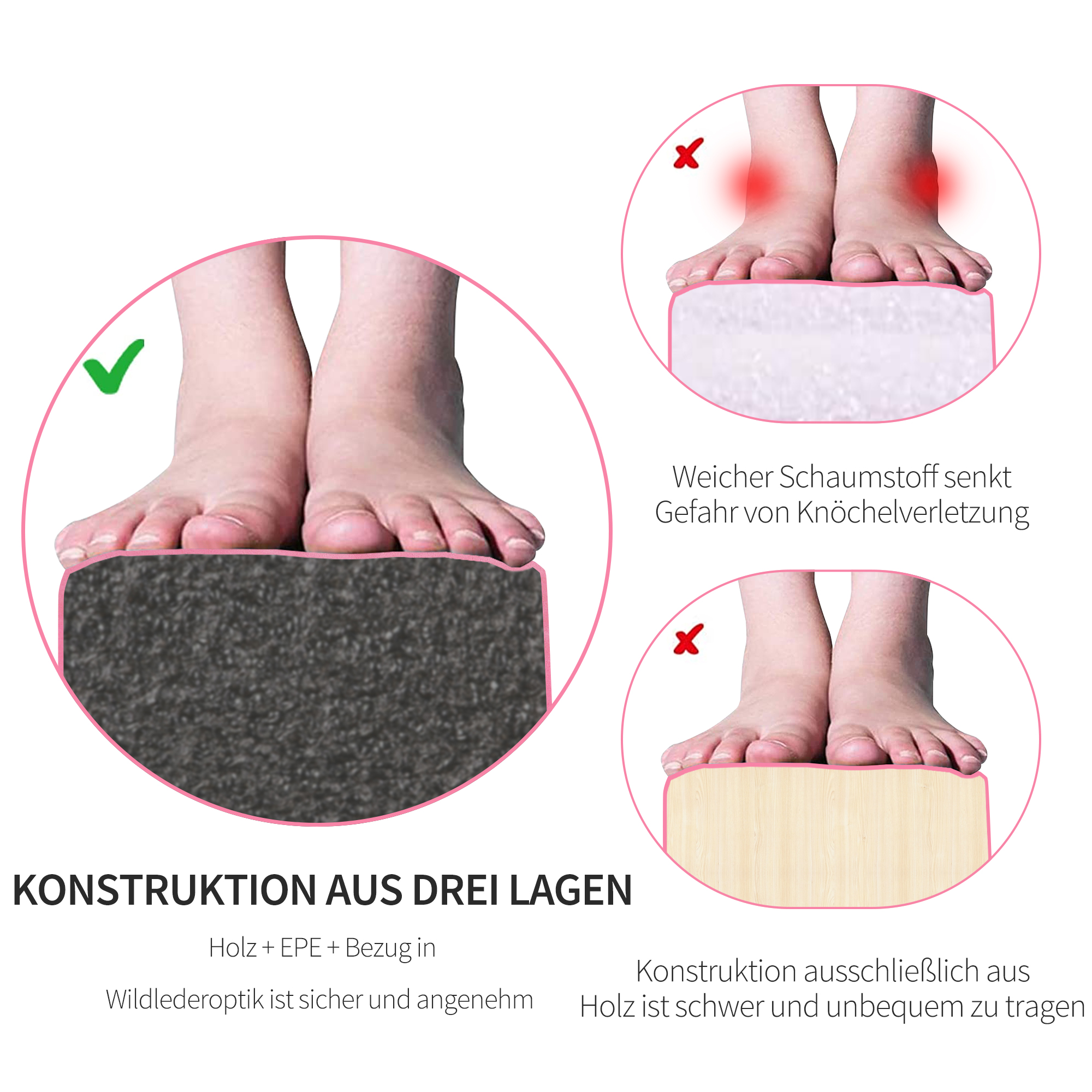 Faltbarer Schwebebalken, rutschfest, Wildlederbezug, robustes Holz, 210 x 10 x 6,5 cm, Rosa