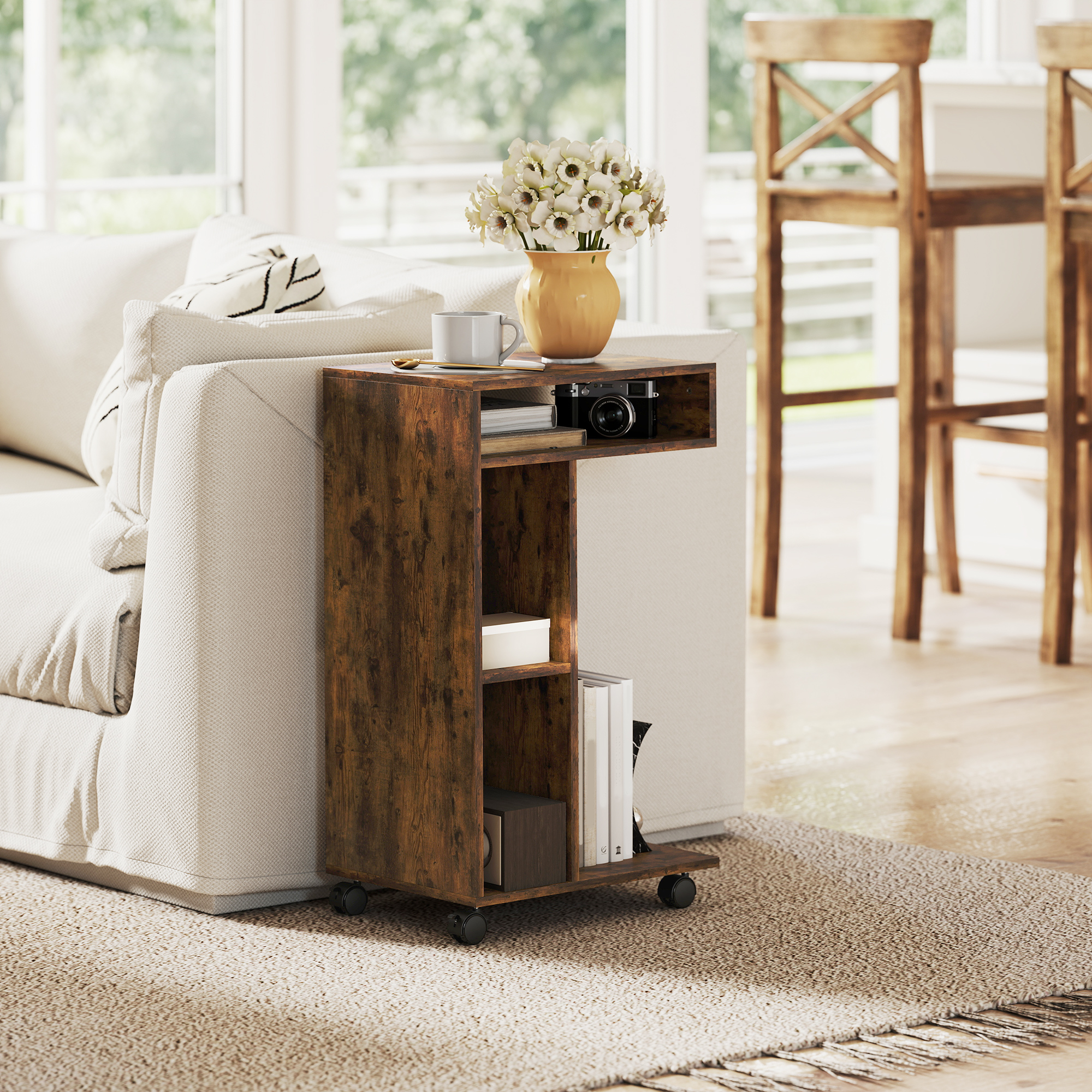 Beistelltisch, C-förmiger Servierwagen, 4 Rollen, 3 Fächer, 40 x 30 x 69 cm, Rustikal-Braun