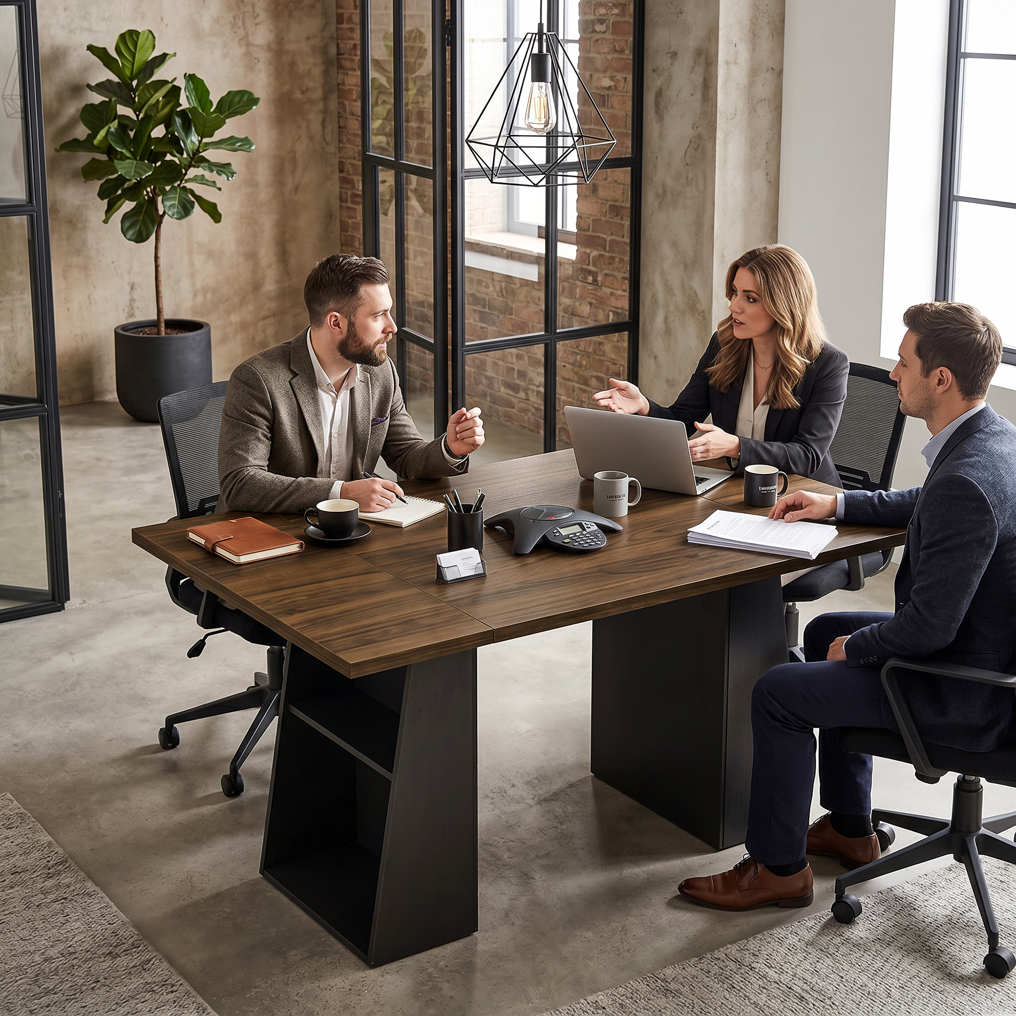 Schreibtisch mit 4 offenen Ablagen, Industrial Design, 140 cm, Braun-Schwarz