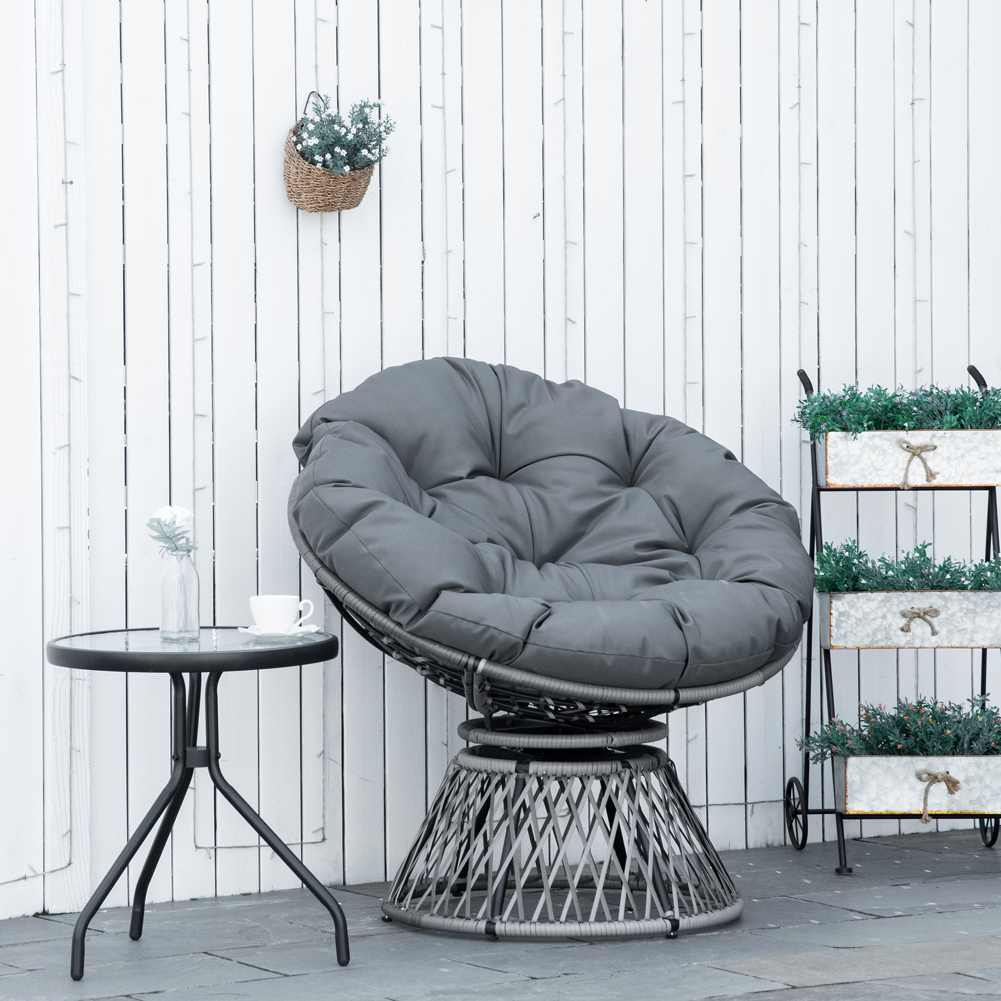 Papasansessel Korbsessel Sessel mit Polster 360 Grad Rattan Grau B87 x T97 x H86 cm