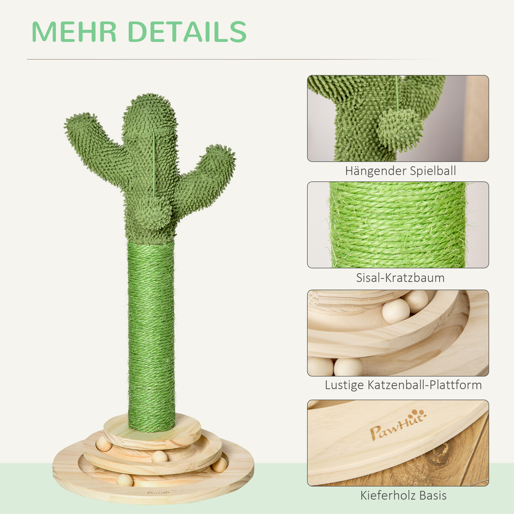 Katzen Kratzbaum Kaktus Katzenbaum Kiefernholz Sisal Seil Kratzstamm mit Holzkugel-Katzenspielzeug für Katzen 60 cm Hoch Grün+Natur