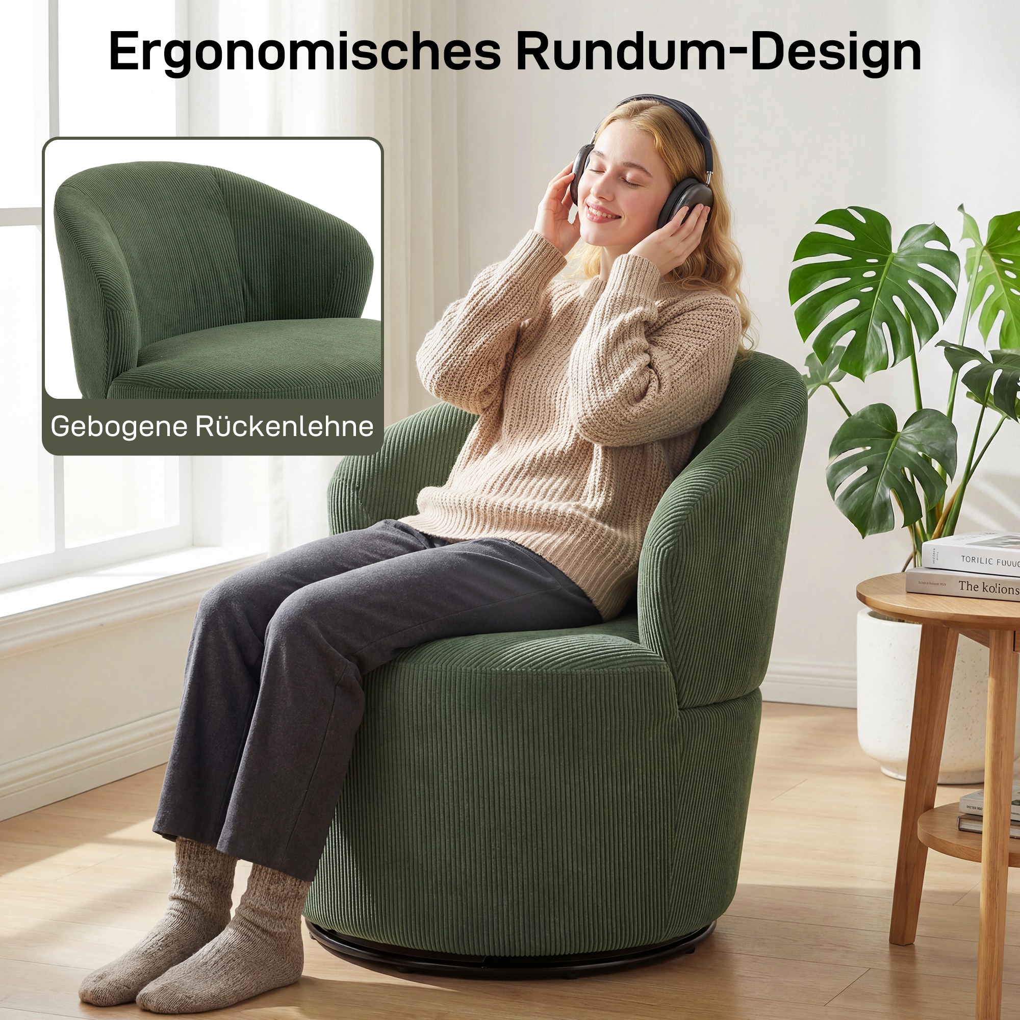 Akzentstuhl, 360-Grad-Drehung, Moderner Drehsessel mit Rundfuß, für Wohnzimmer und Schlafzimmer, Grün