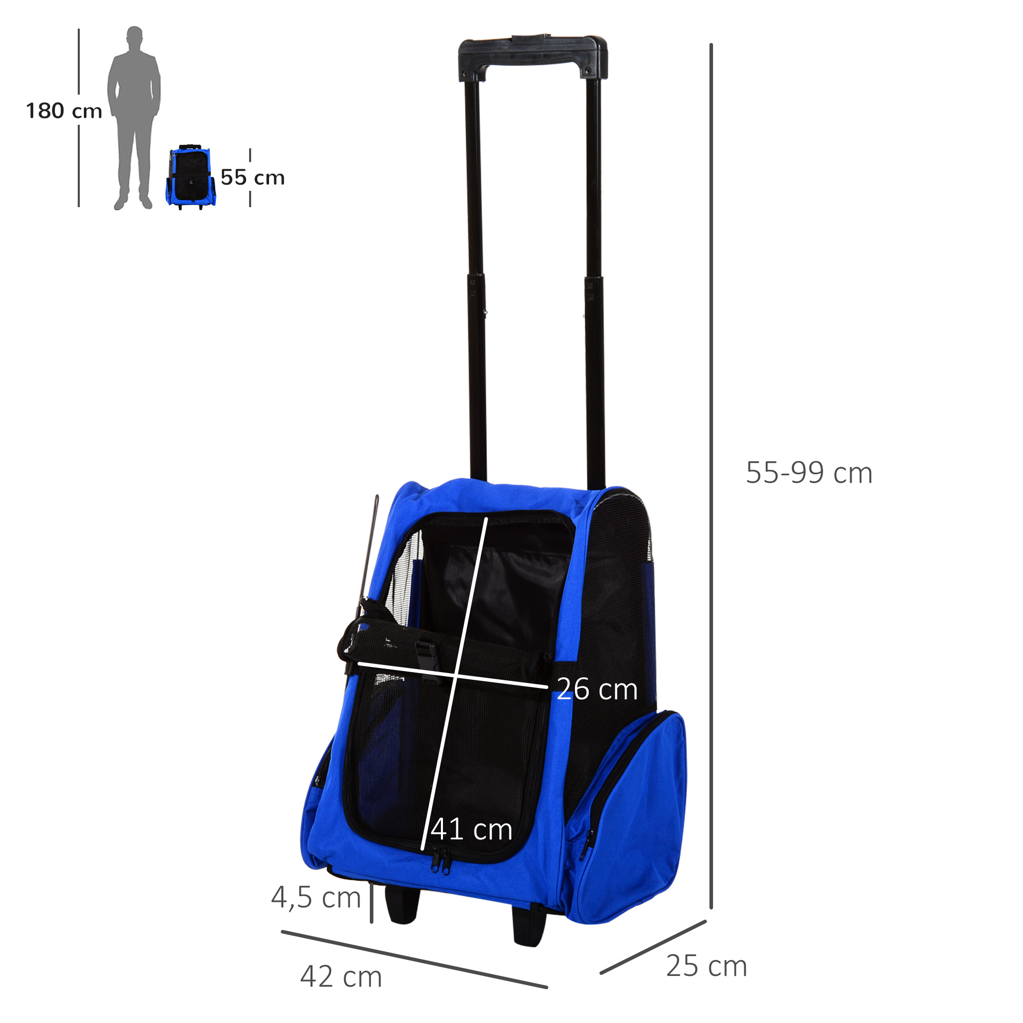 Hundetransporttasche, Haustierrucksack, 2-in-1-Design, ausziehbarer Griff, Seitentaschen, Blau, 42 x 25 x 55cm