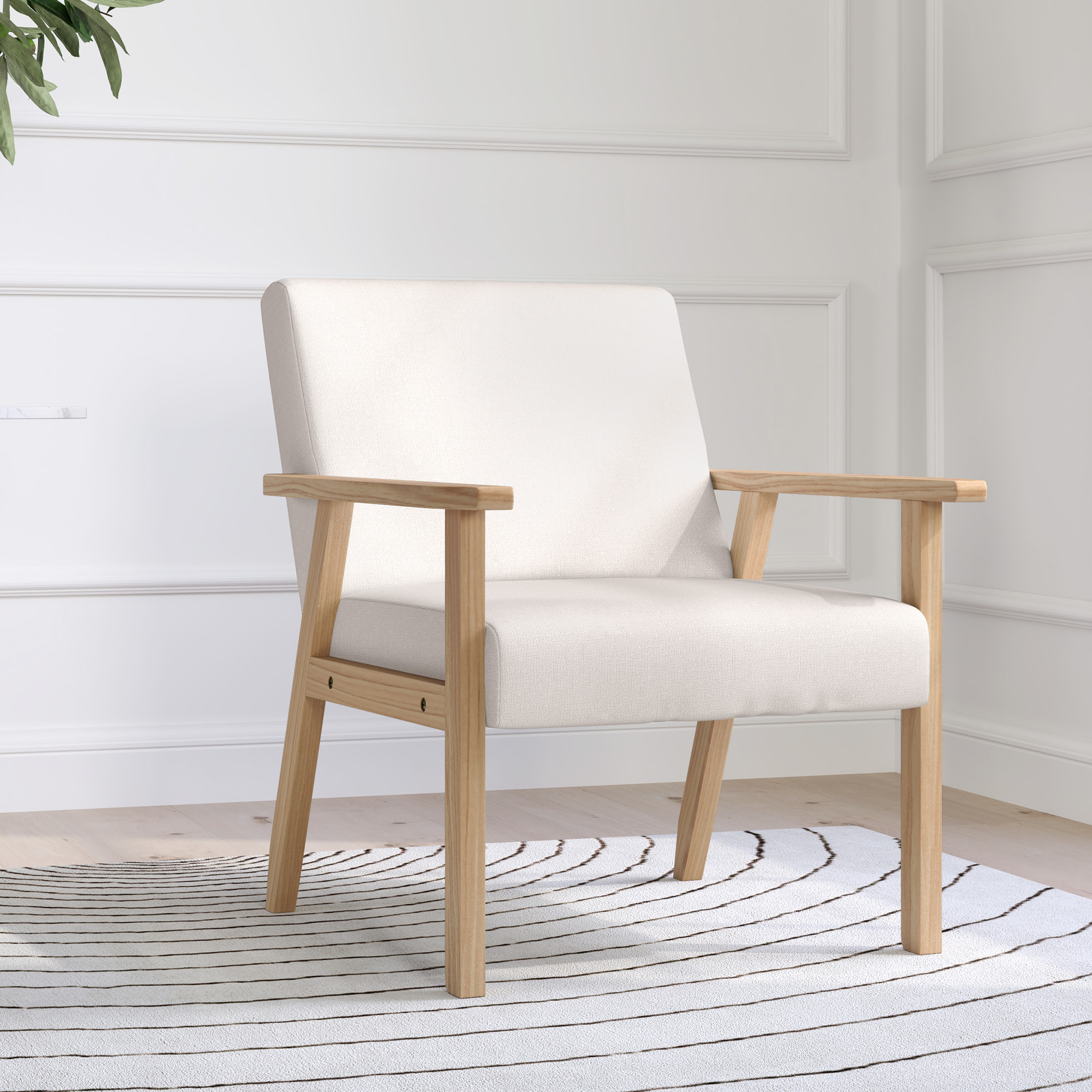 Polstersessel mit Armlehnen, Esszimmerstuhl in Leinenoptik, Massivholzrahmen, 64 x 70 x 72 cm, Creme