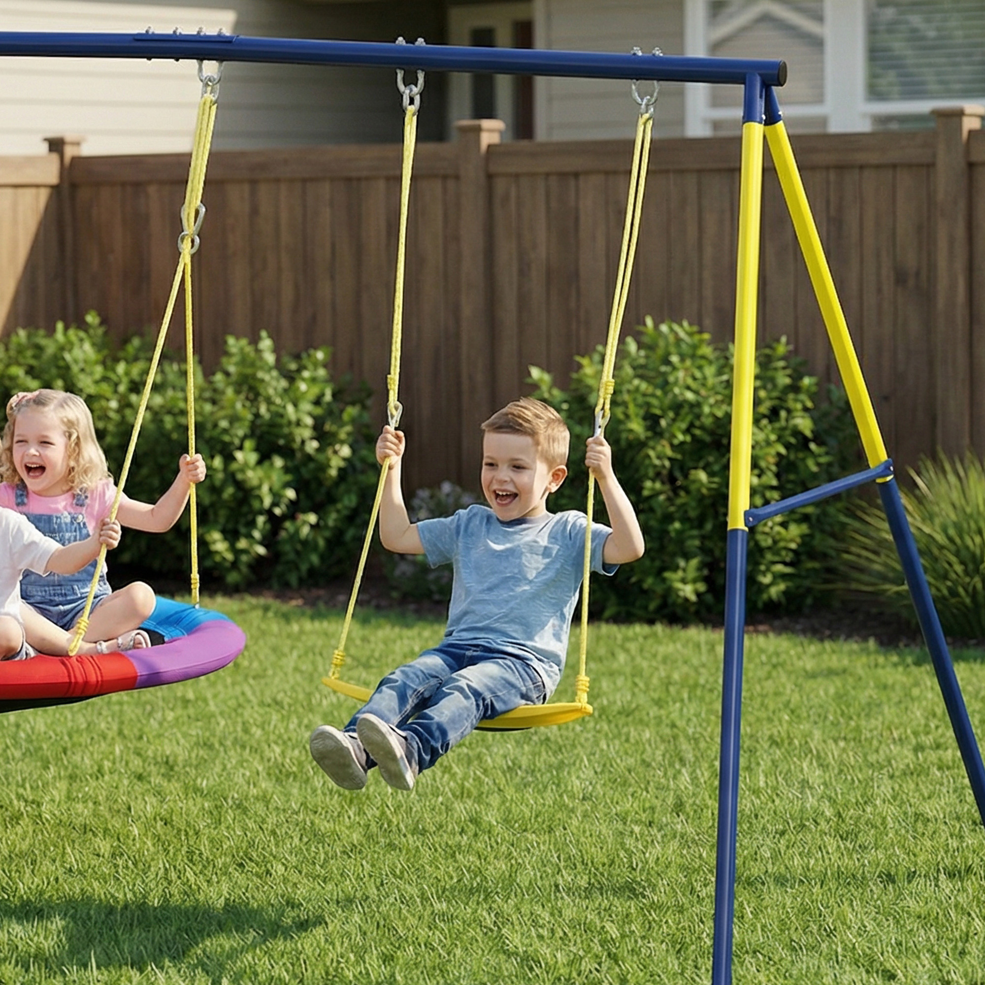 Schaukelgestell Schaukel-Set mit Nestschaukel Gurtschaukel verstellbarem Seil für 3-8 Jahre 265x160x178 cm Mehrfarbig