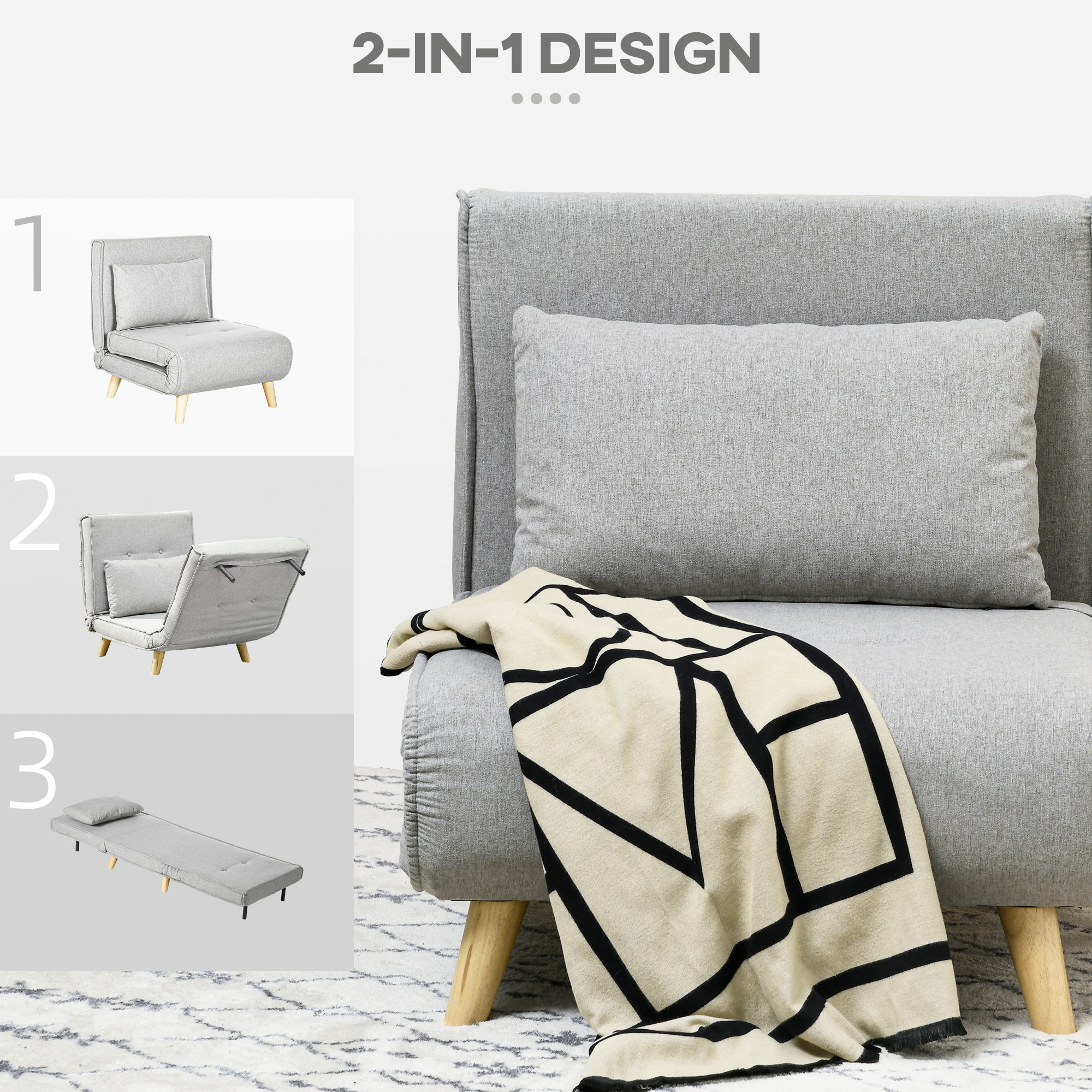 Schlafsessel, 6-stufig verstellbare Lehne, Leinenoptik, bis 150 kg, Hellgrau