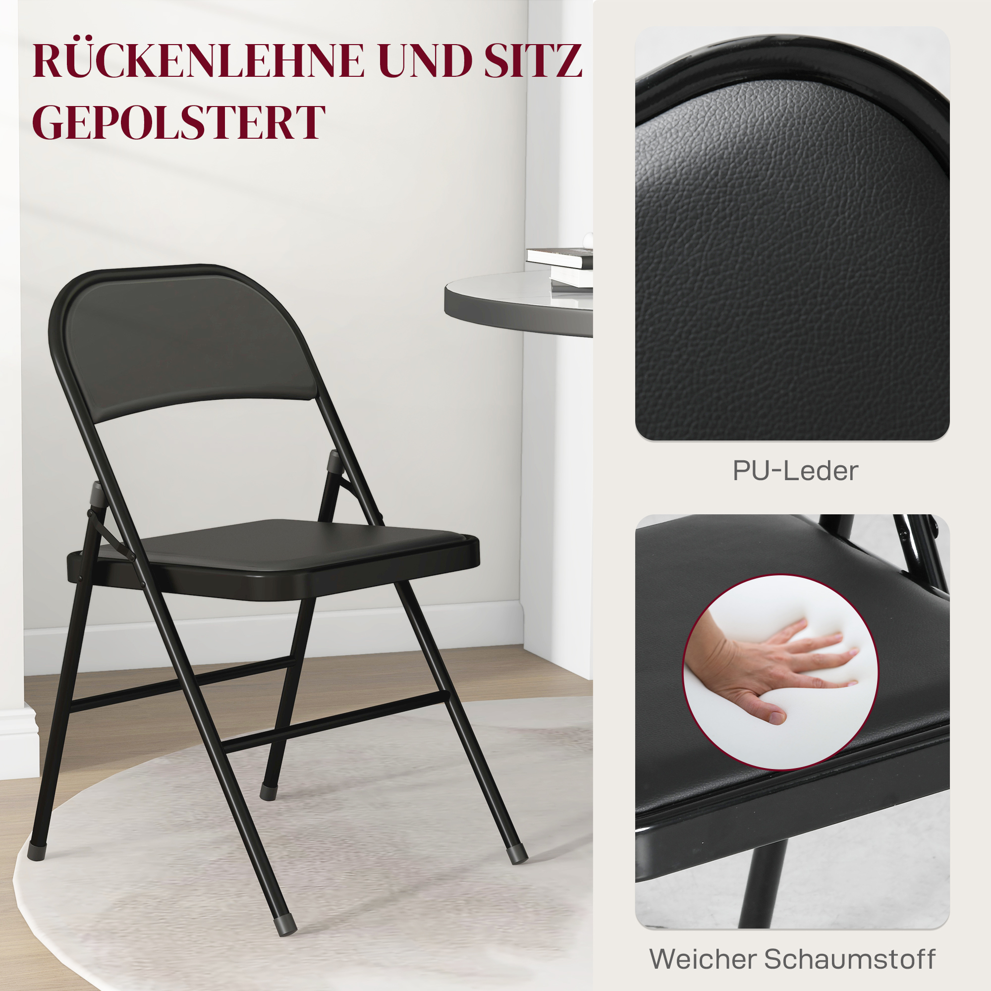 2er-Set Klappstühle, Tragbare Bürostühle, Metallbeine, Faltstuhl für Büro, Empfang, Wartezimmer, Kunstleder, Schwarz