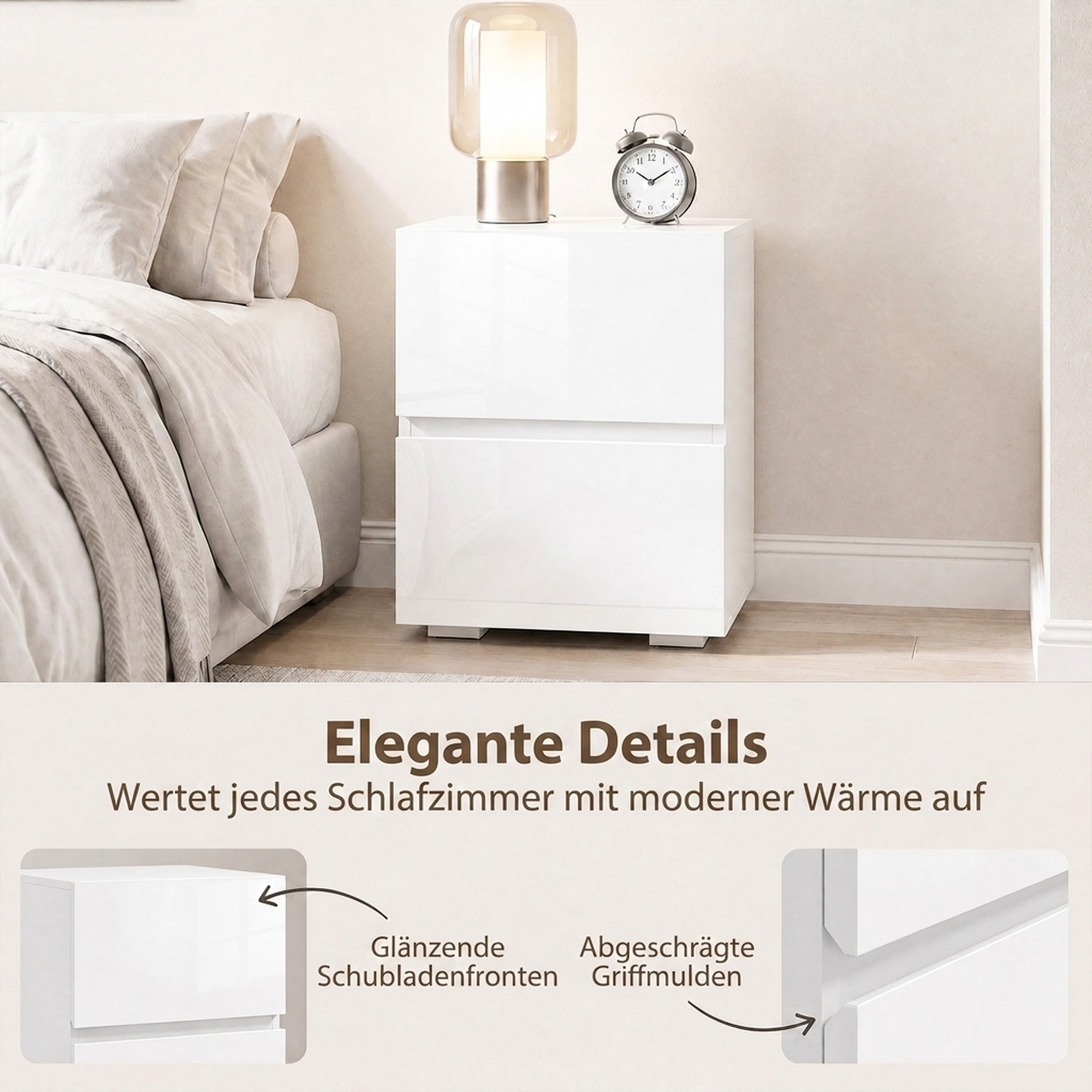 Modernes 2er-Set Nachttische, schmale Beistelltische mit 2 Schubladen und Hochglanz-Fronten, weiß