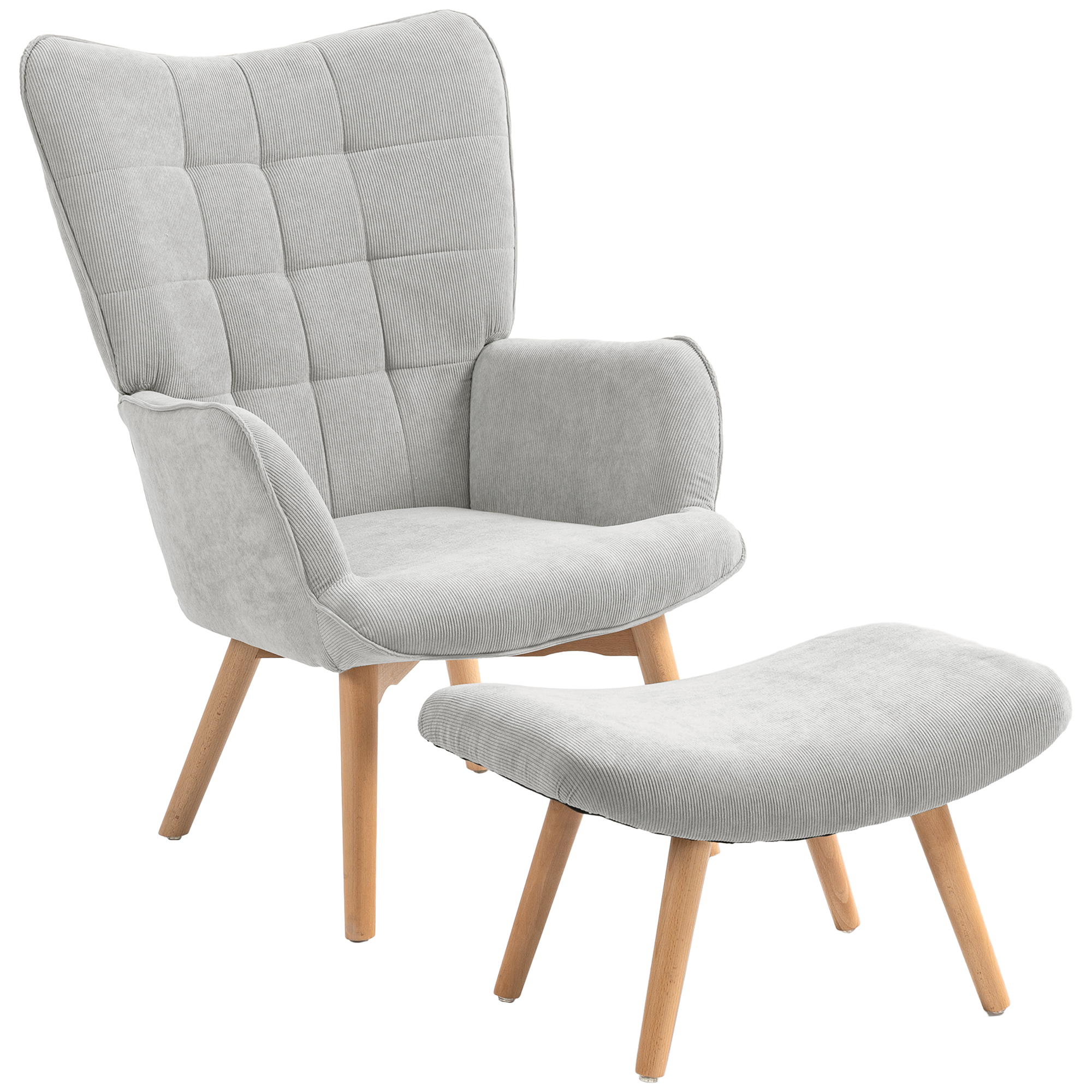 Akzentsessel mit Hocker, Relaxsessel in Cord-Optik, Armlehnstuhl mit Holzbeinen, für Wohnzimmer, Grau