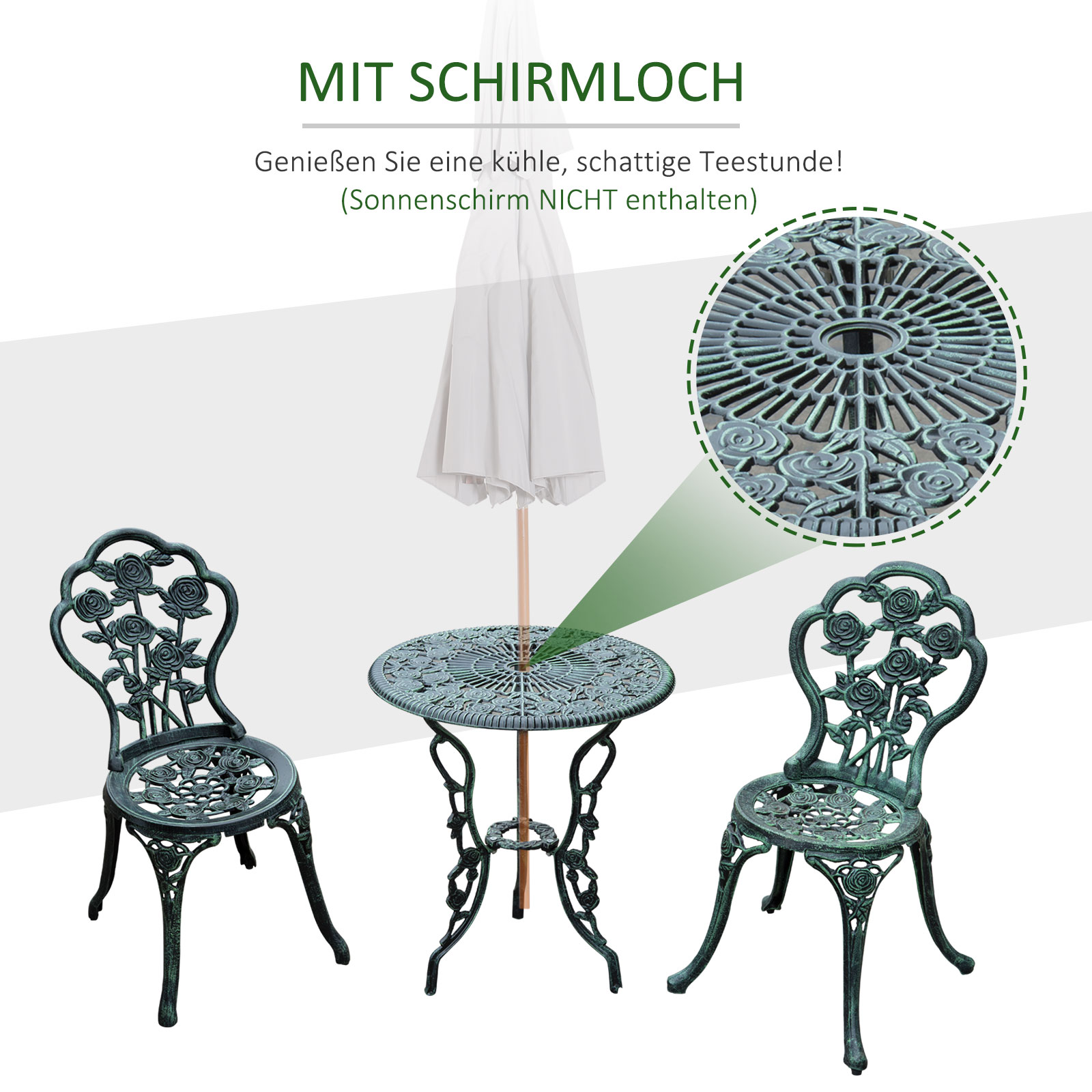 Bistroset Gartenset für 2 Personen Balkonmöbel Set Gussaluminium Antik Grün