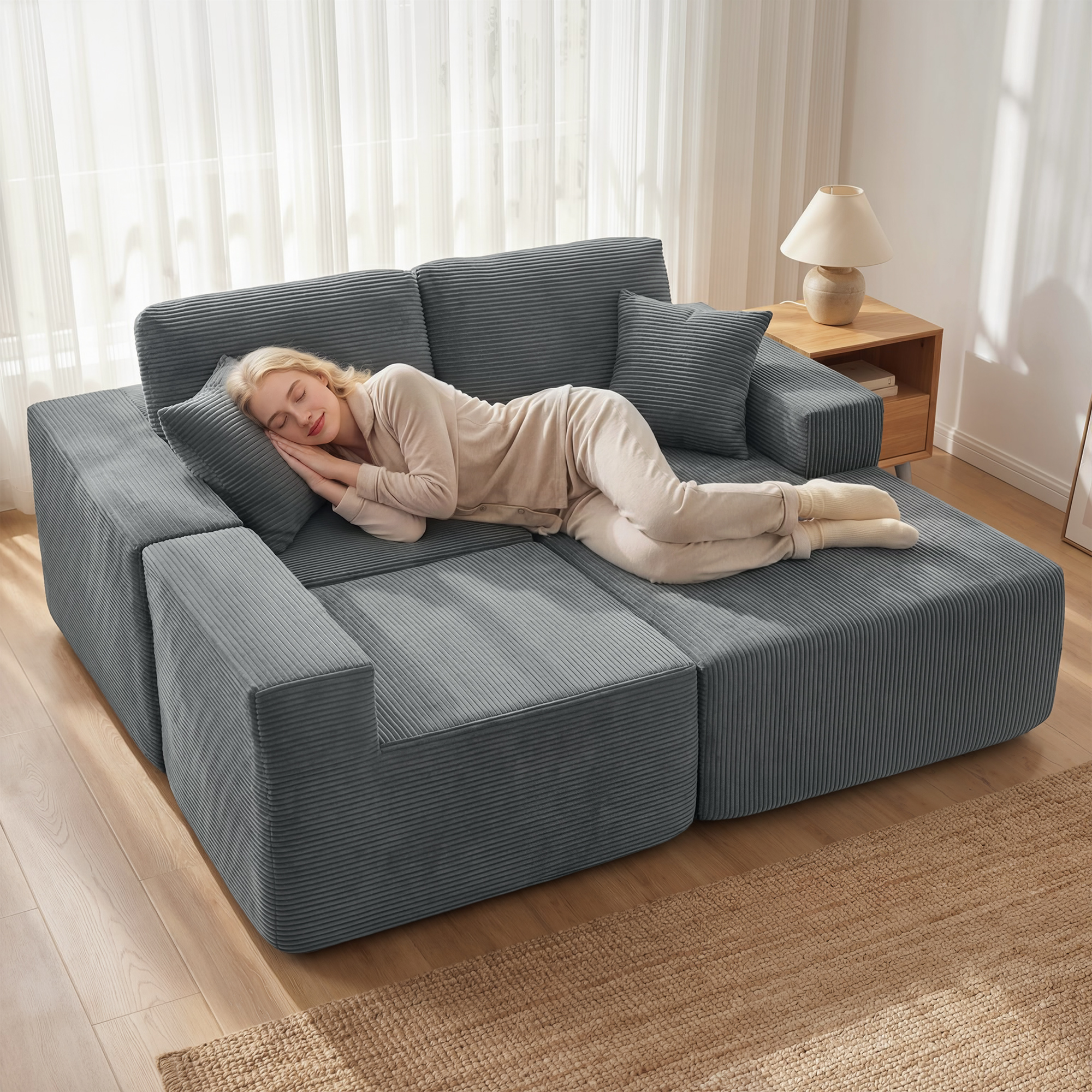 Modulares Ecksofa, L-förmiges Sofa-Bett mit tiefem Sitz, breiten Armlehnen, 2 Kissen, Dunkelgrau