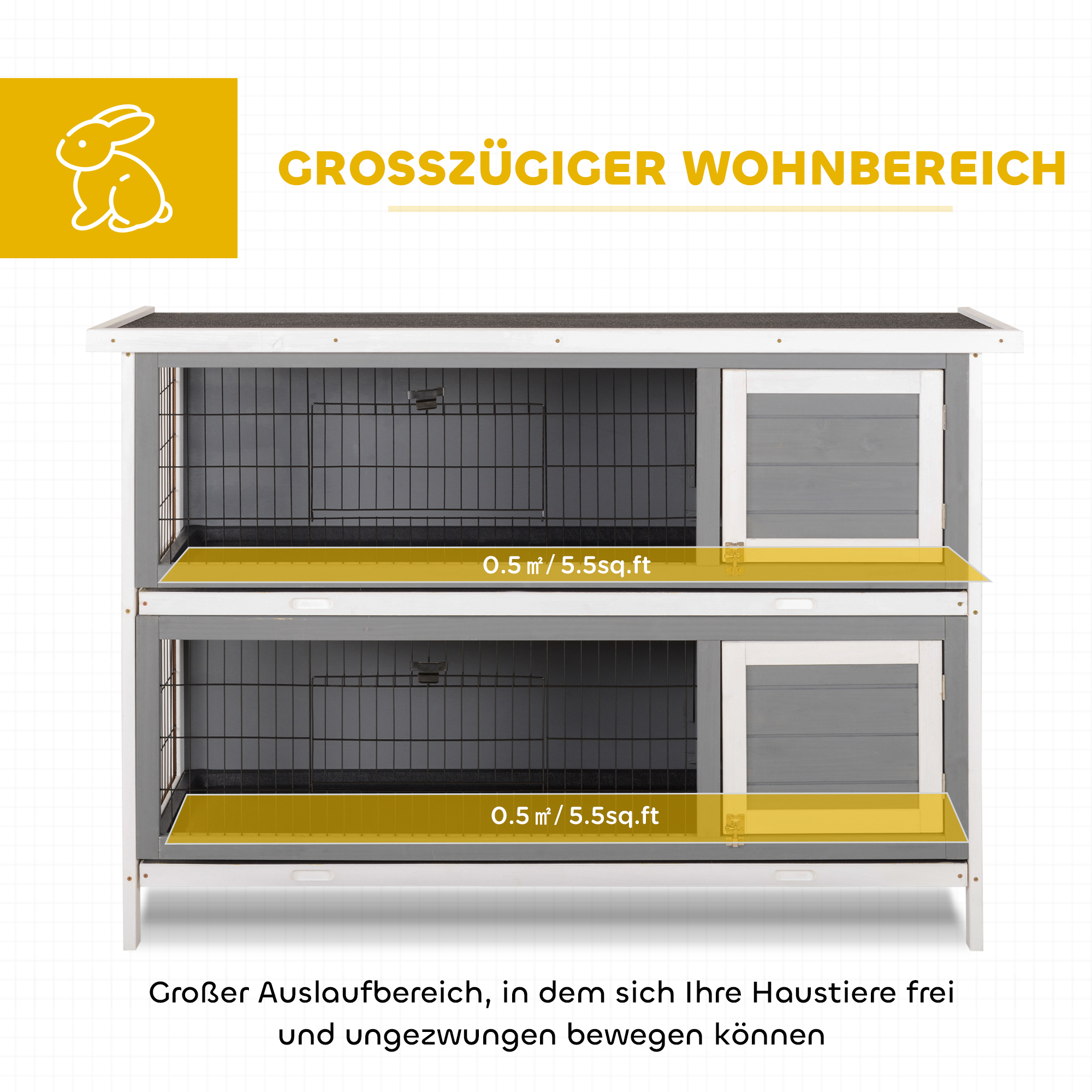 Kleintierstall für Meerschweinchen und Zwergkaninchen, doppelstöckig, Holz, Grau