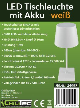 LED Akku Tischleuchte 26cm, dimmbar / USB-C, 160Lumen, 1200mAh, 3000k, Weiß
